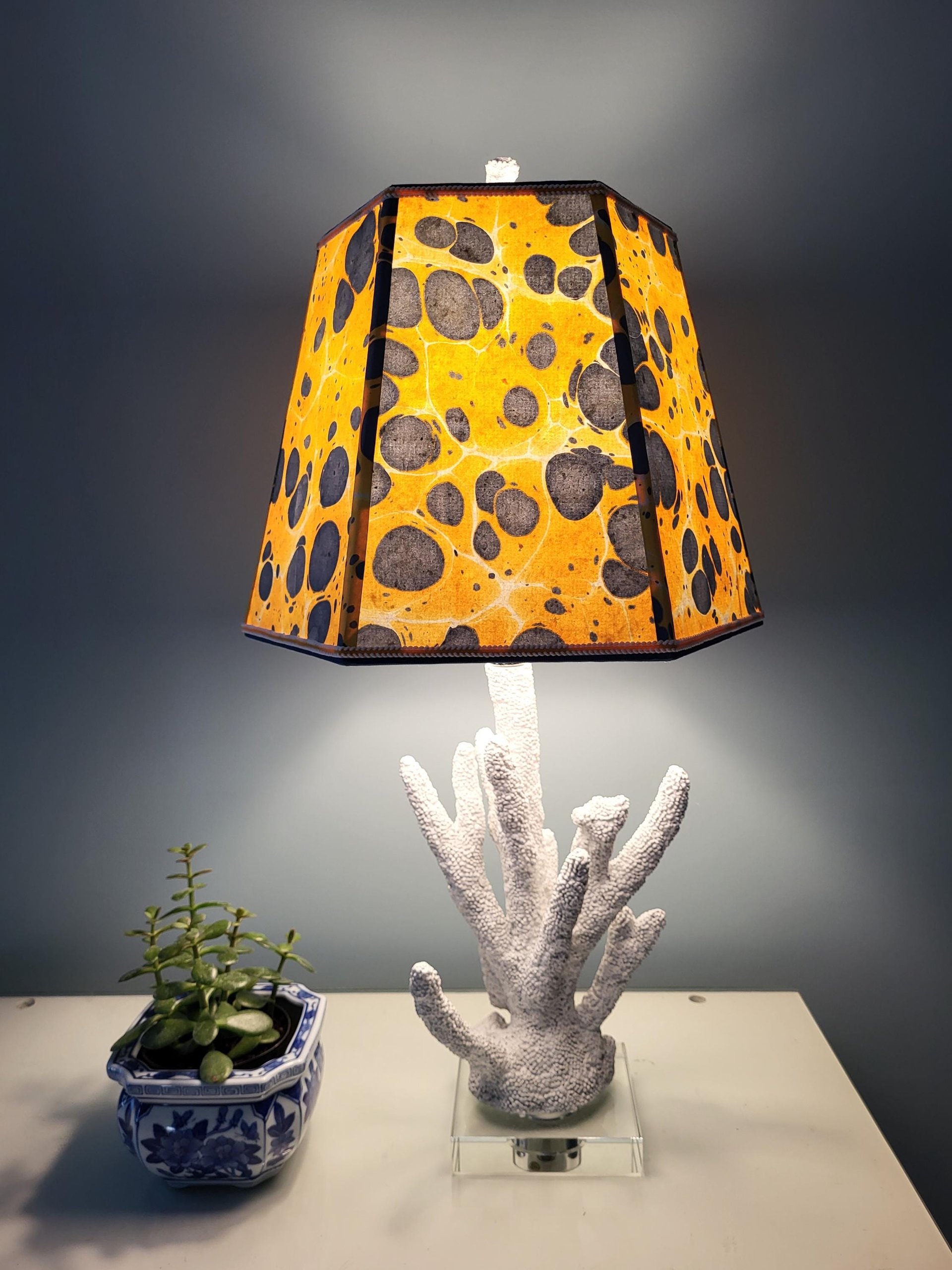 Large Marbled Paper Lampshade Yellow Blue