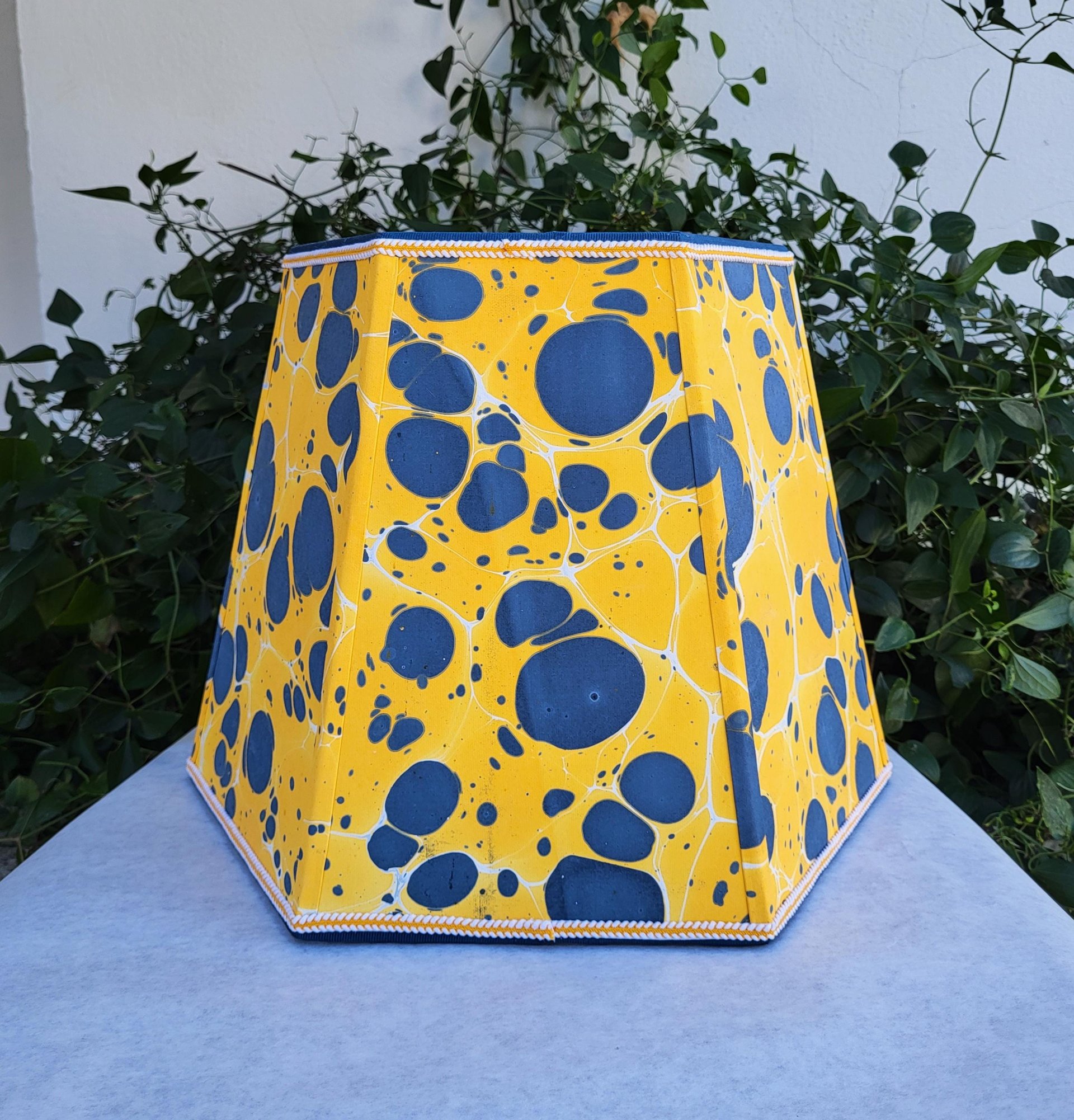 Large Marbled Paper Lampshade Yellow Blue