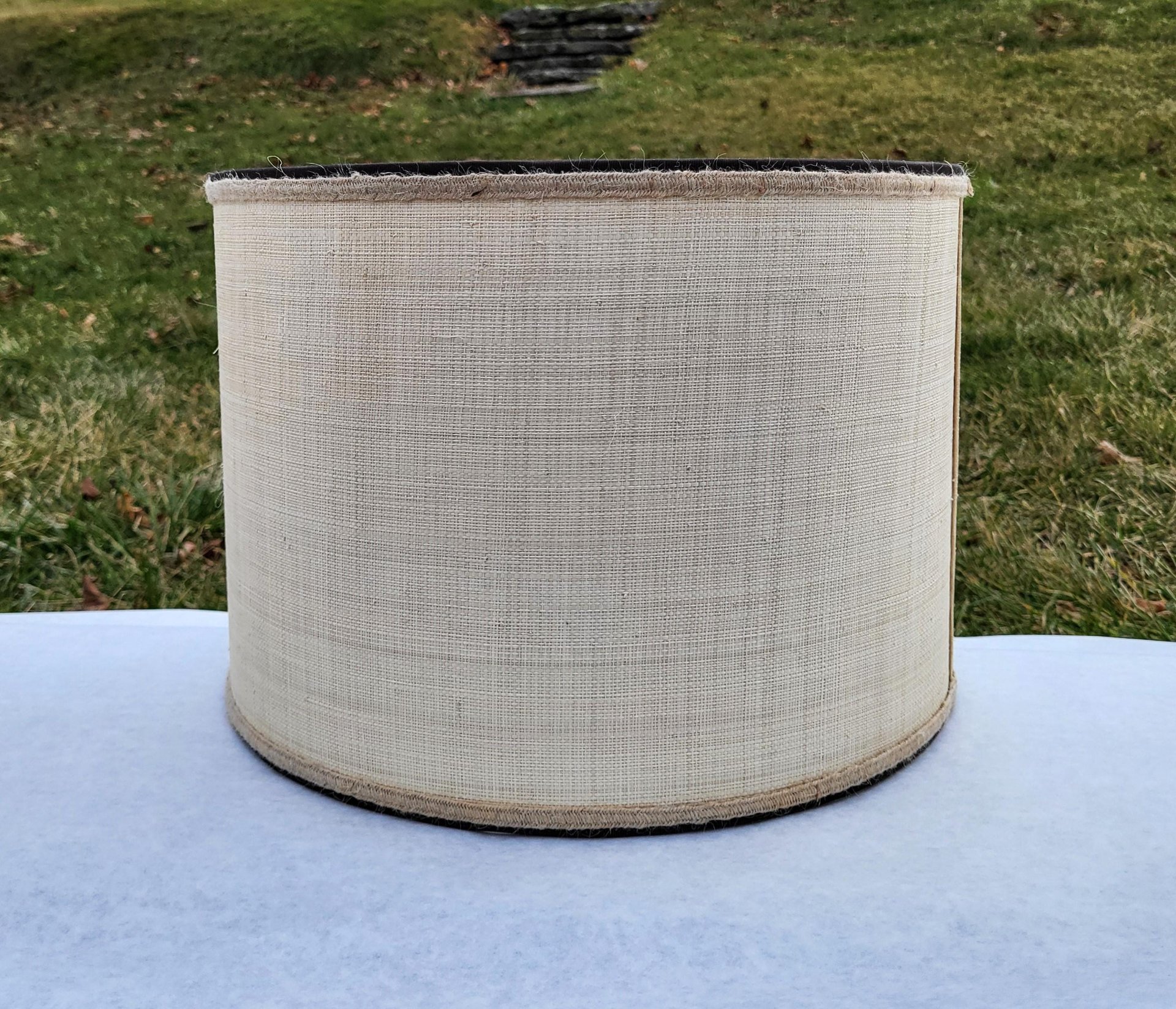 Raffia Cloth Lampshade Lined with Ticking Fabric