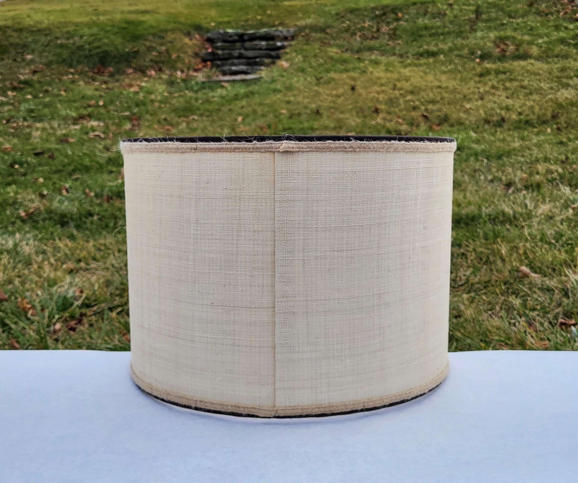 Raffia Cloth Lampshade Lined with Ticking Fabric