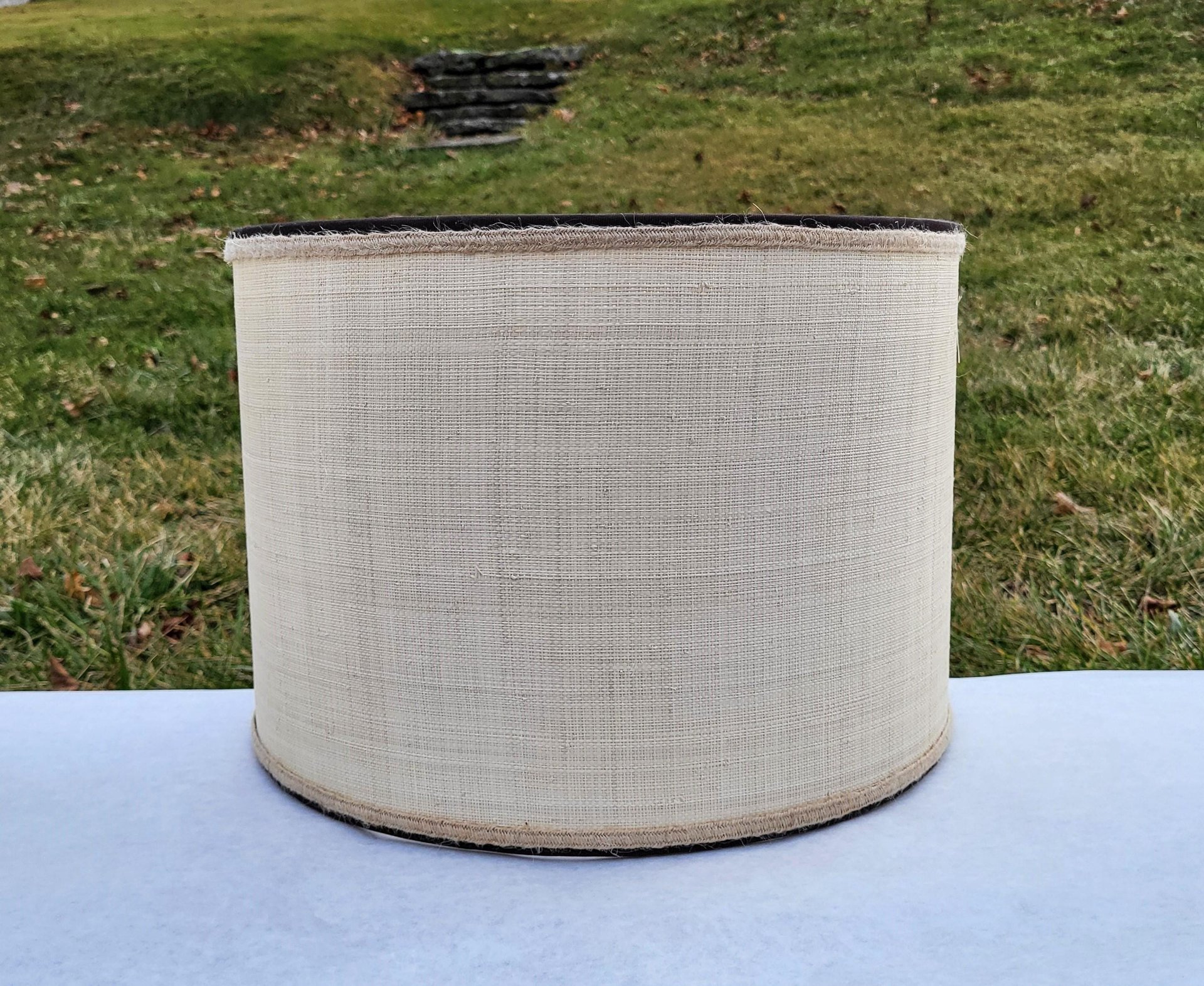 Raffia Cloth Lampshade Lined with Ticking Fabric