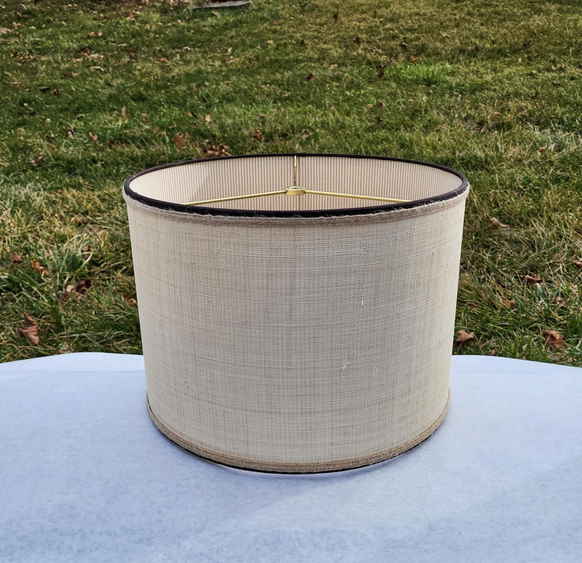 Raffia Cloth Lampshade Lined with Ticking Fabric