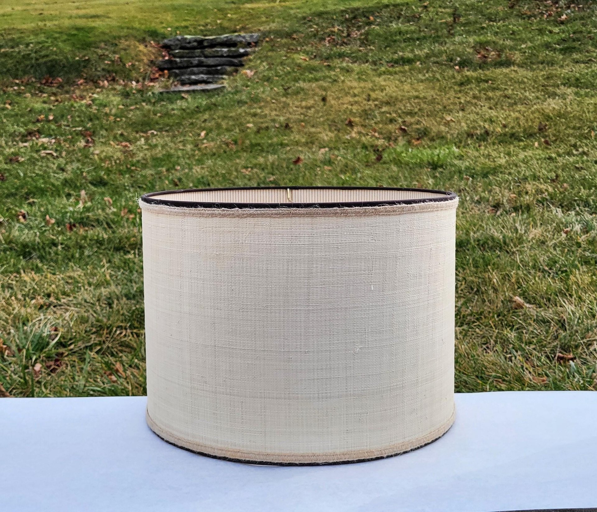 Raffia Cloth Lampshade Lined with Ticking Fabric