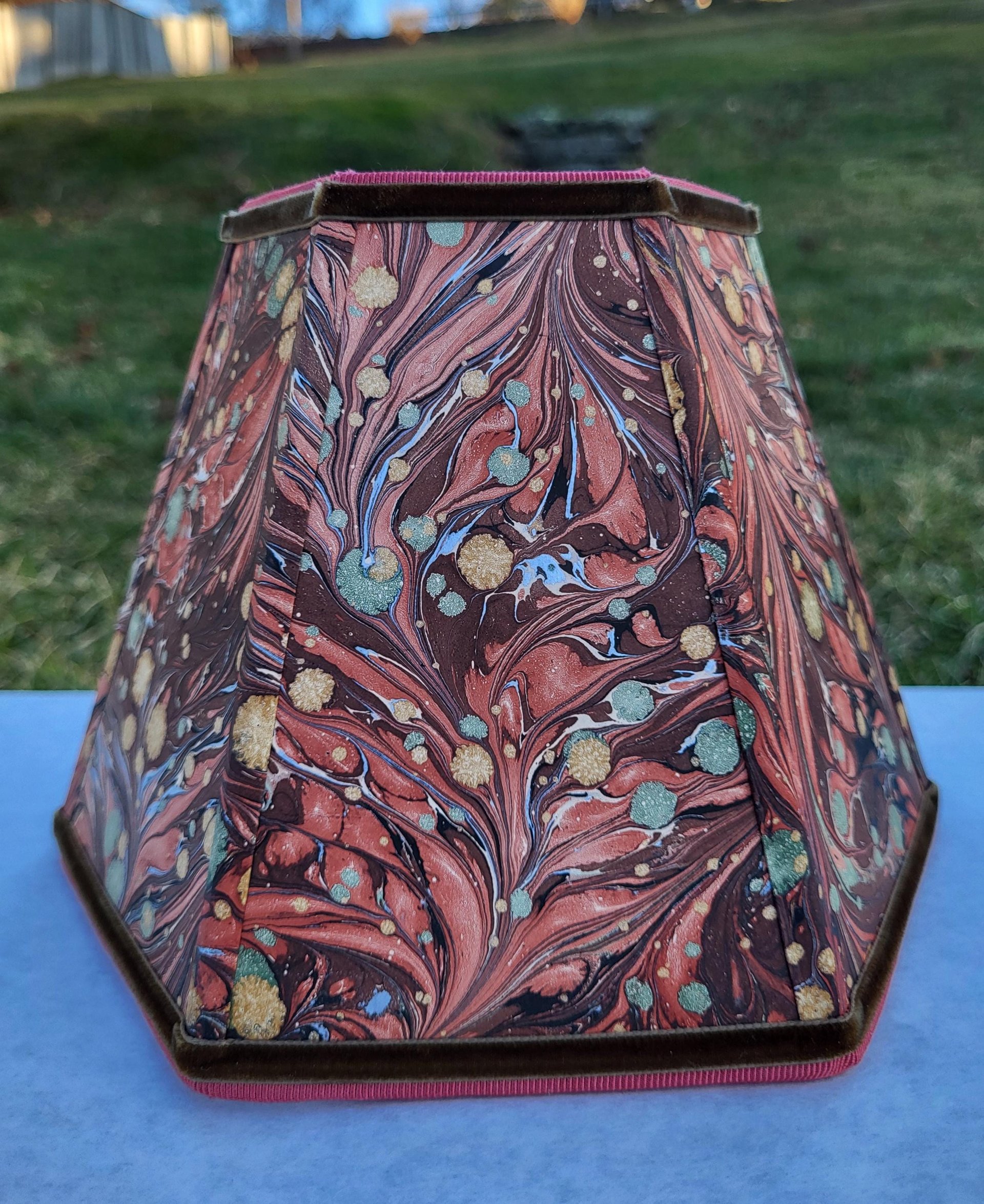 Small Marbled Paper Lampshade Hexagon Brown Rust