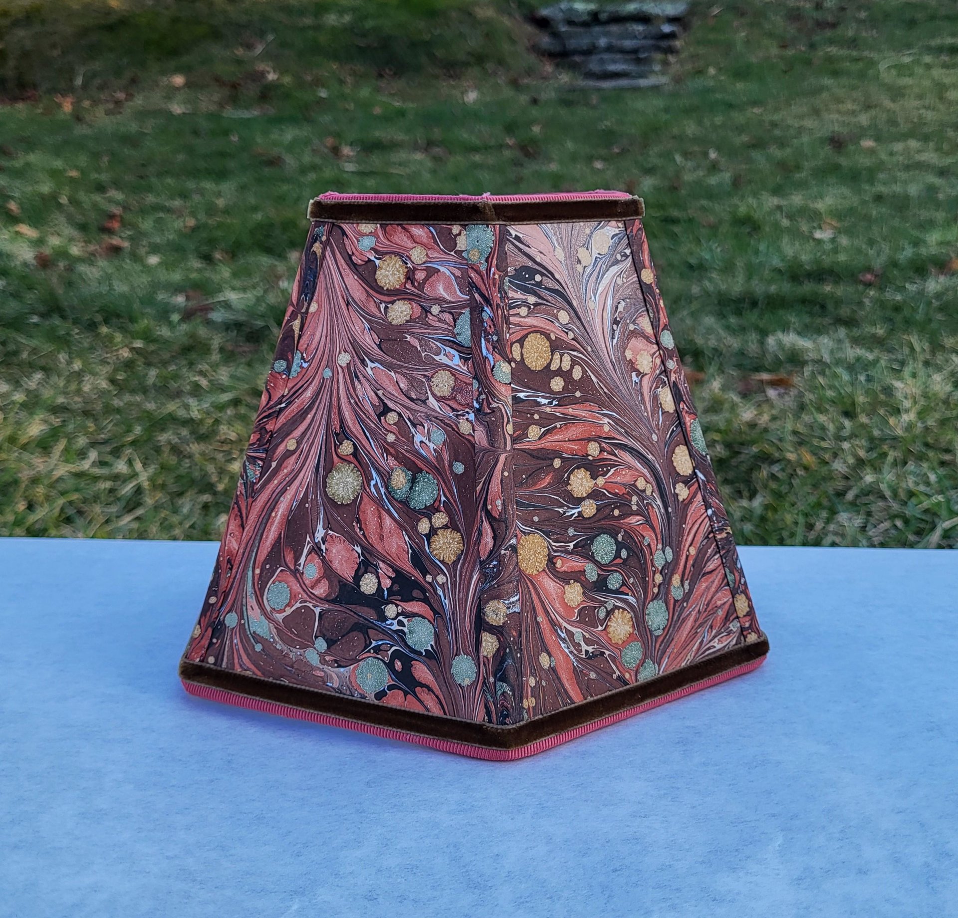 Small Marbled Paper Lampshade Hexagon Brown Rust