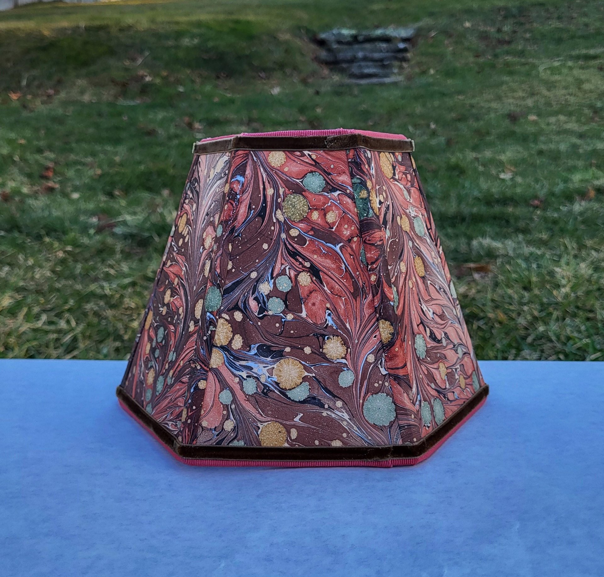Small Marbled Paper Lampshade Hexagon Brown Rust