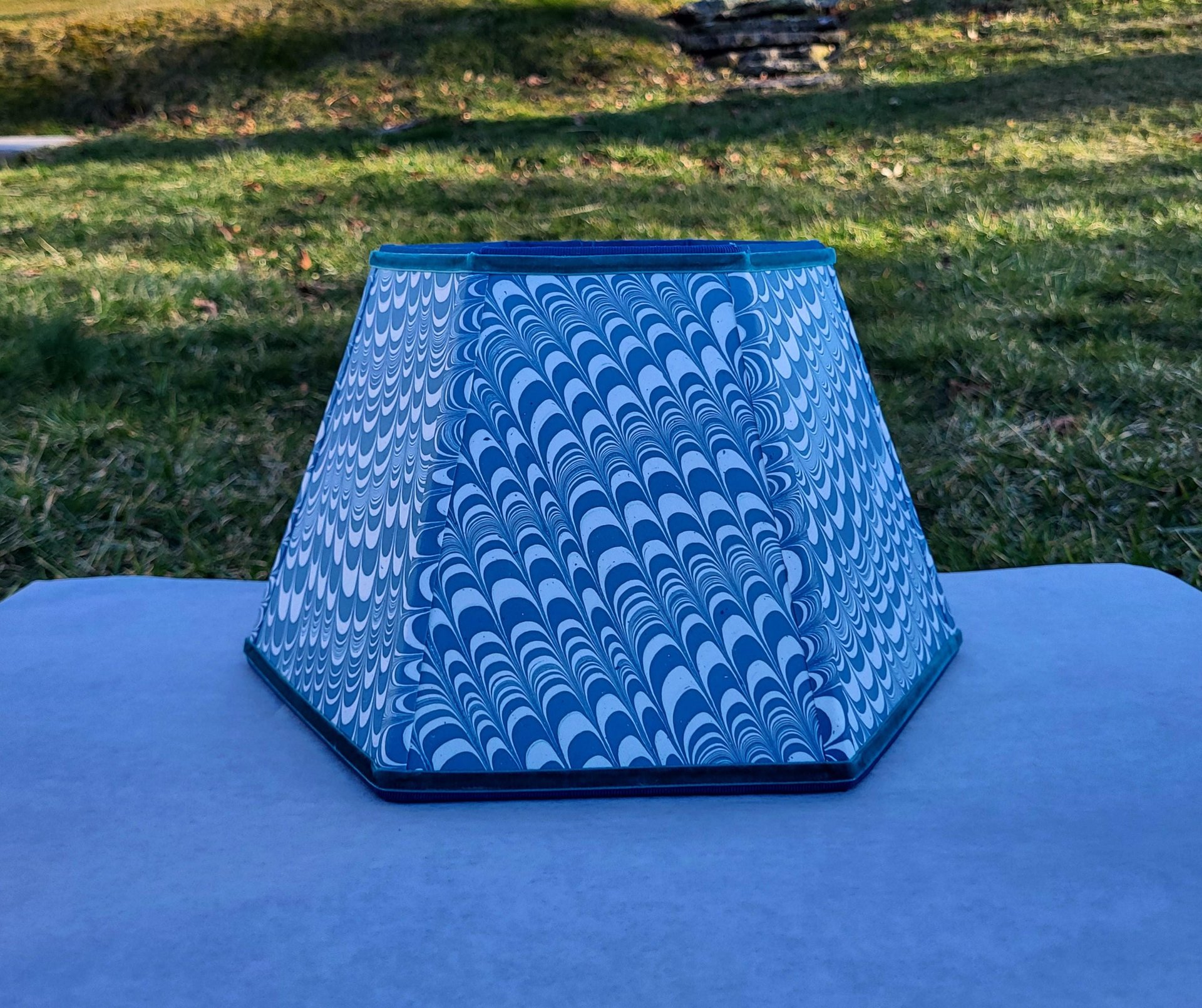 Marbled Paper Lampshade Teal Blue White