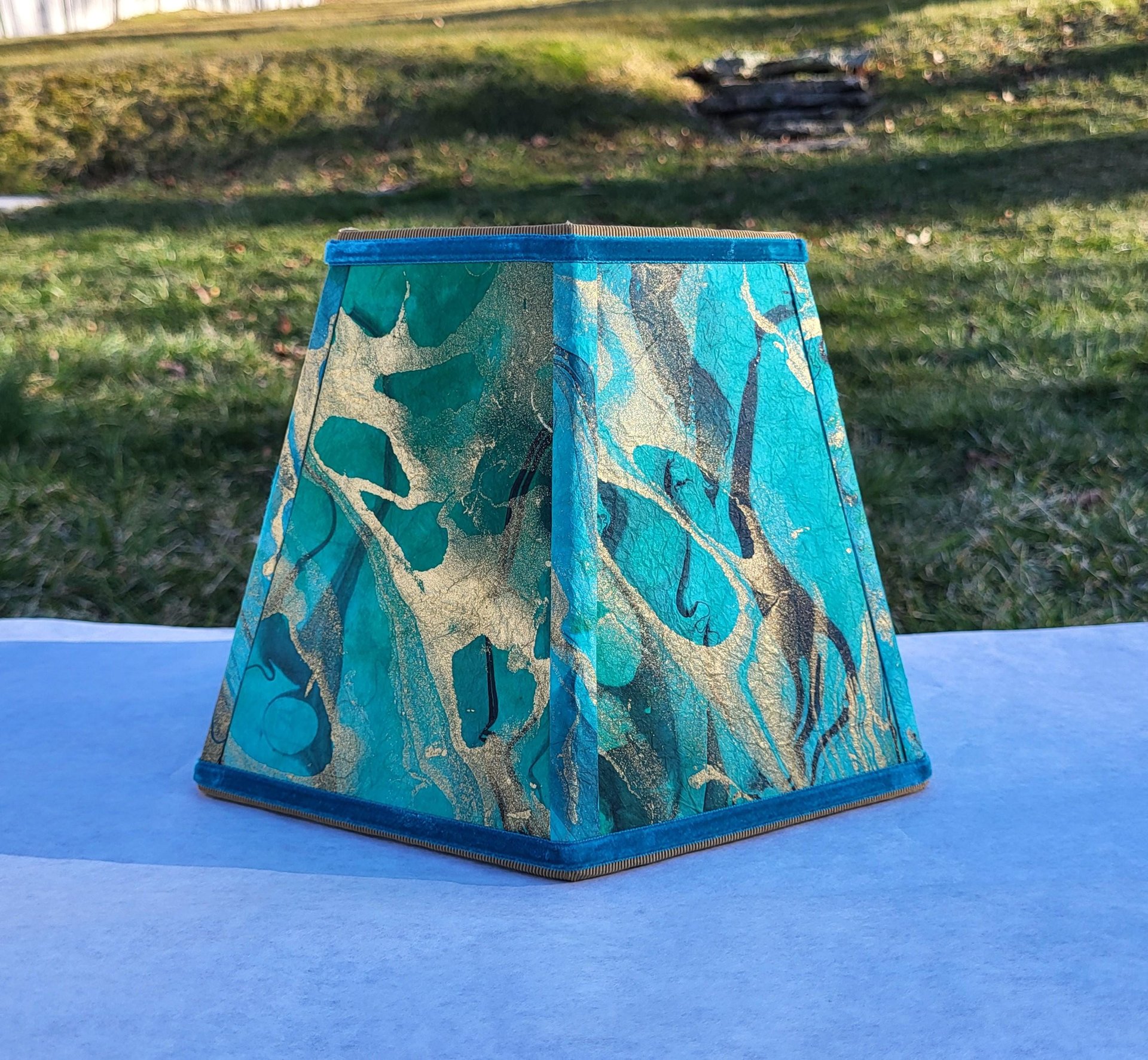 Small Marbled Paper Lampshade Green Blue Gold Black
