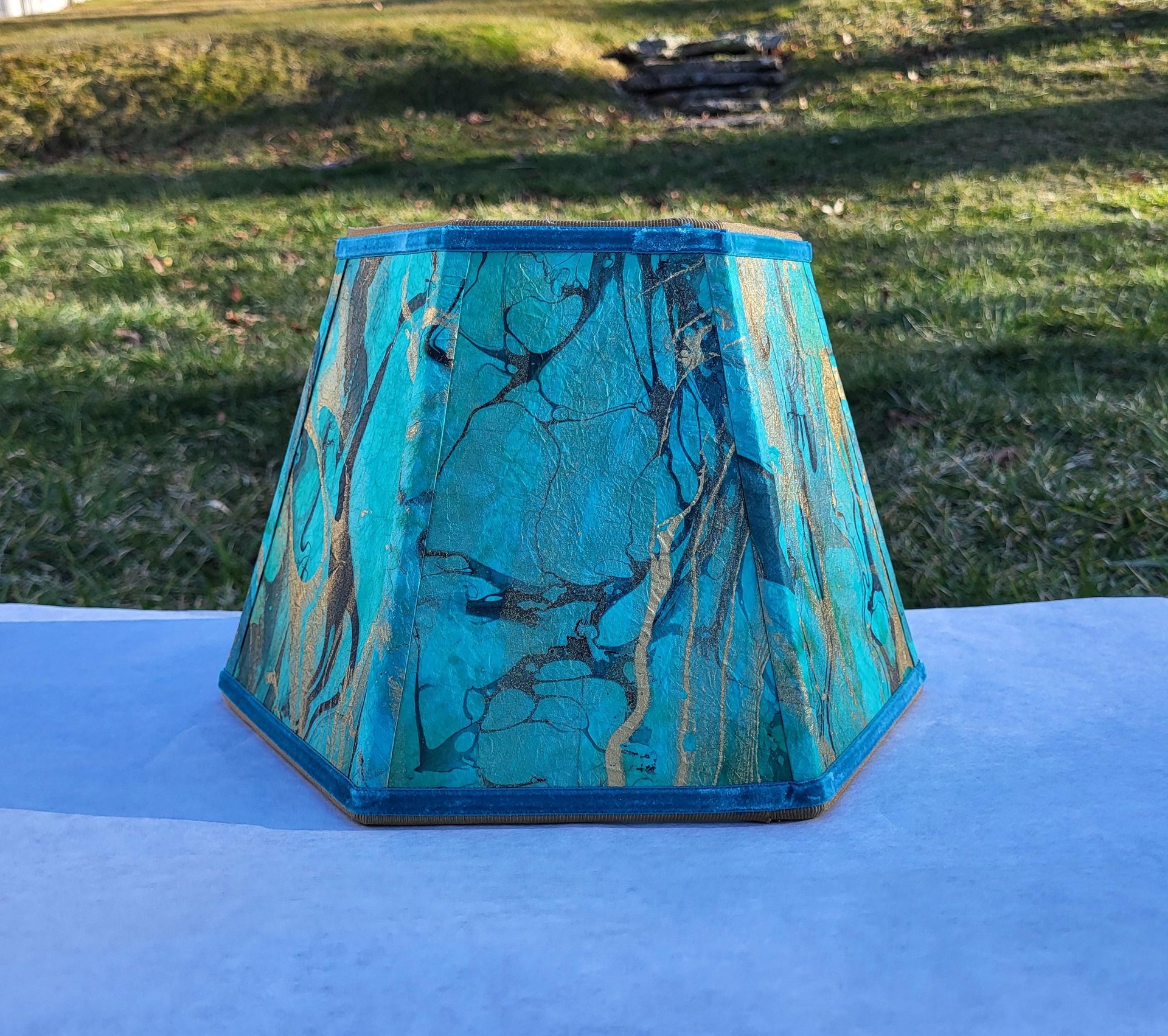 Small Marbled Paper Lampshade Green Blue Gold Black