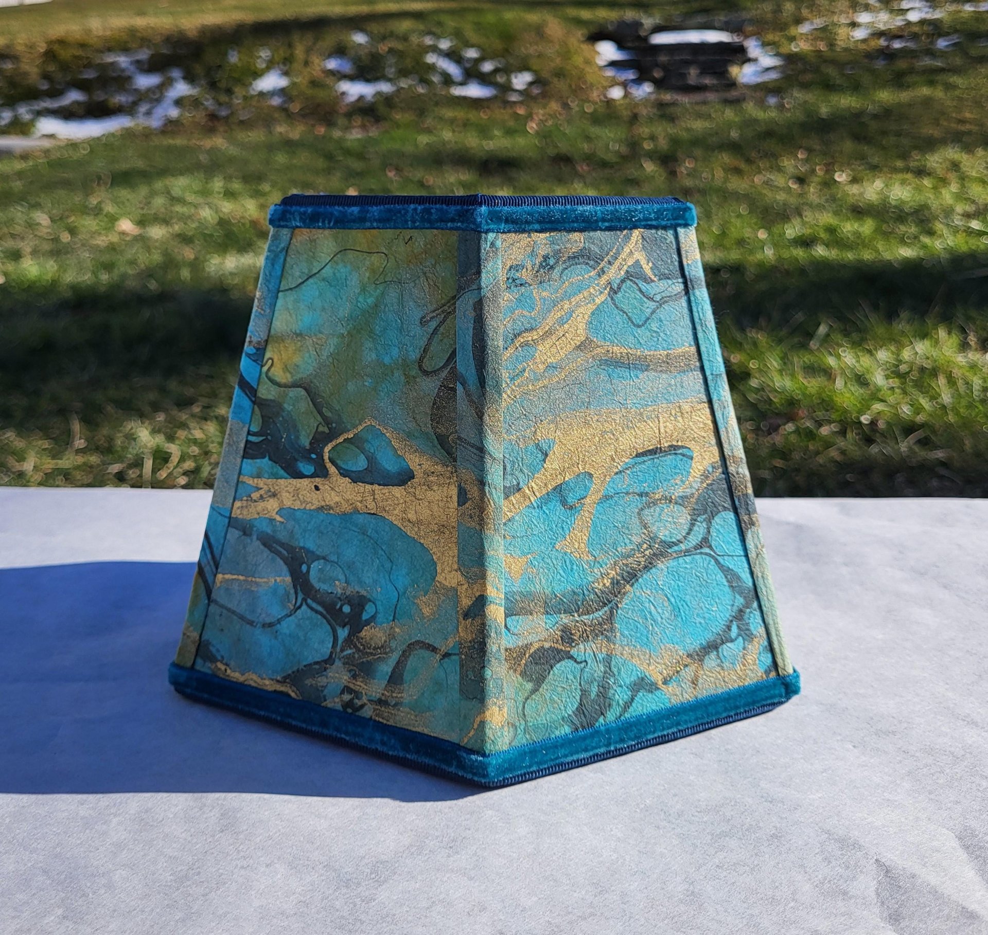 Small Marbled Paper Lampshade Turquoise Gold Black