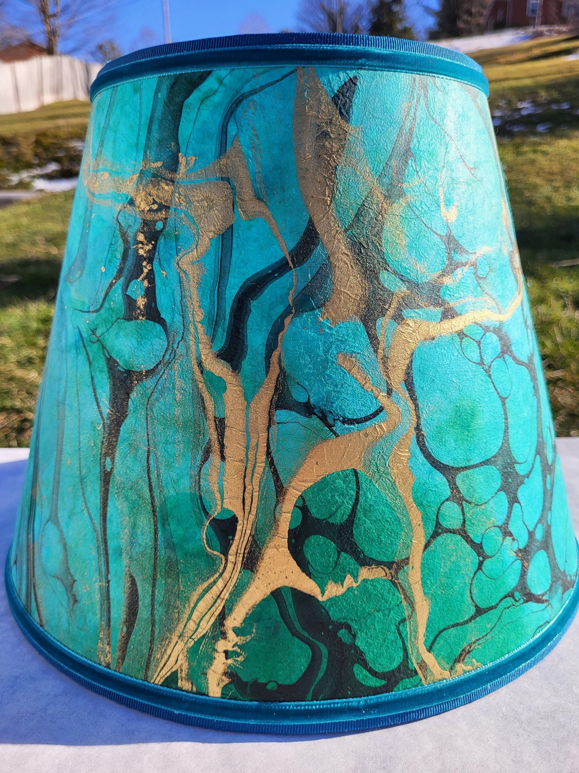 Marbled Paper Lampshade Turquoise Green Gold Black