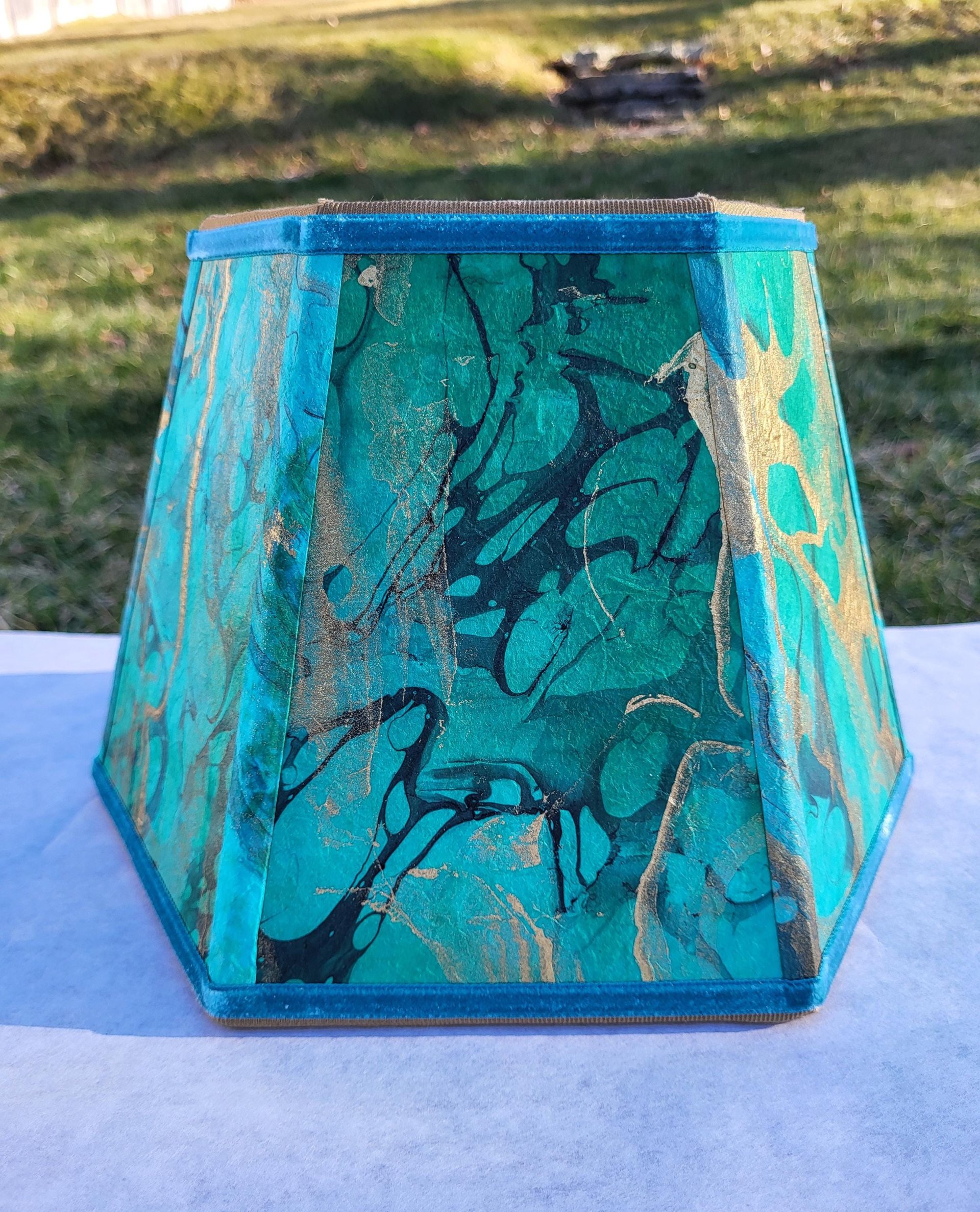 Small Marbled Paper Lampshade Green Blue Gold Black