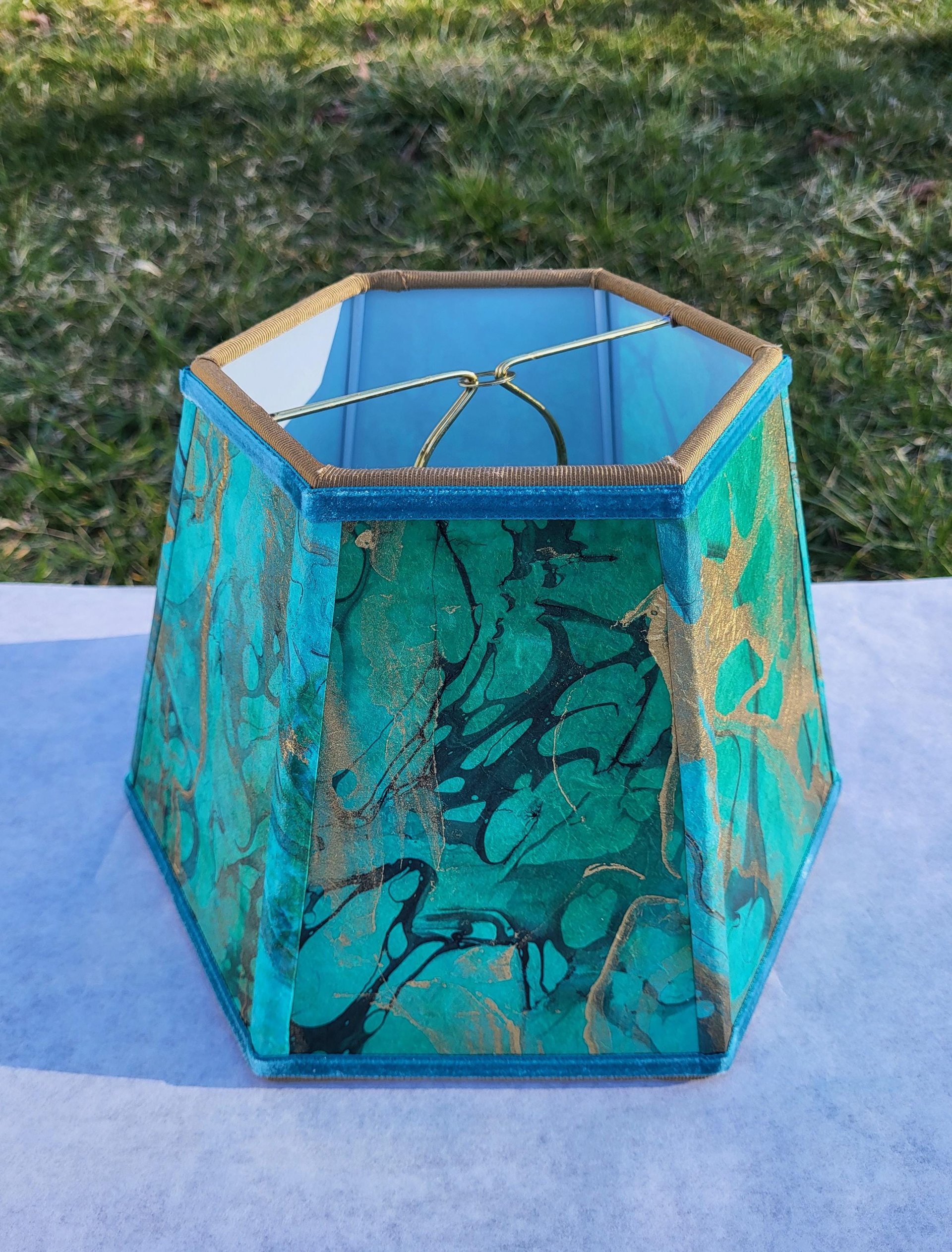 Small Marbled Paper Lampshade Green Blue Gold Black