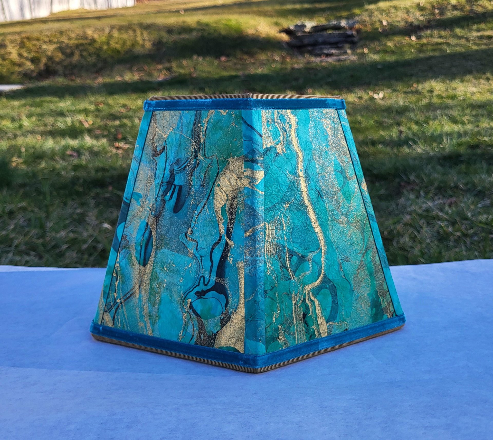 Small Marbled Paper Lampshade Green Blue Gold Black