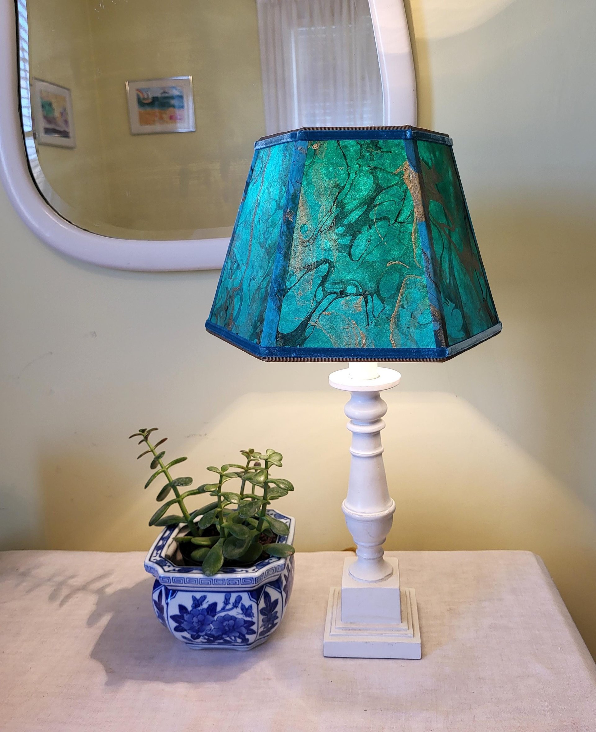 Small Marbled Paper Lampshade Green Blue Gold Black