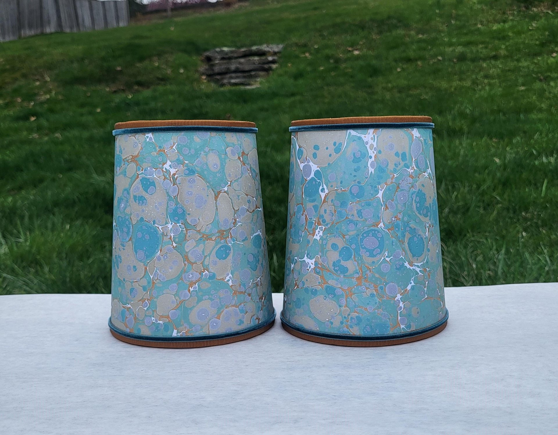 Pair Sea Foam Green Gold Marbled Paper Sconce Lampshades Candle Bulb