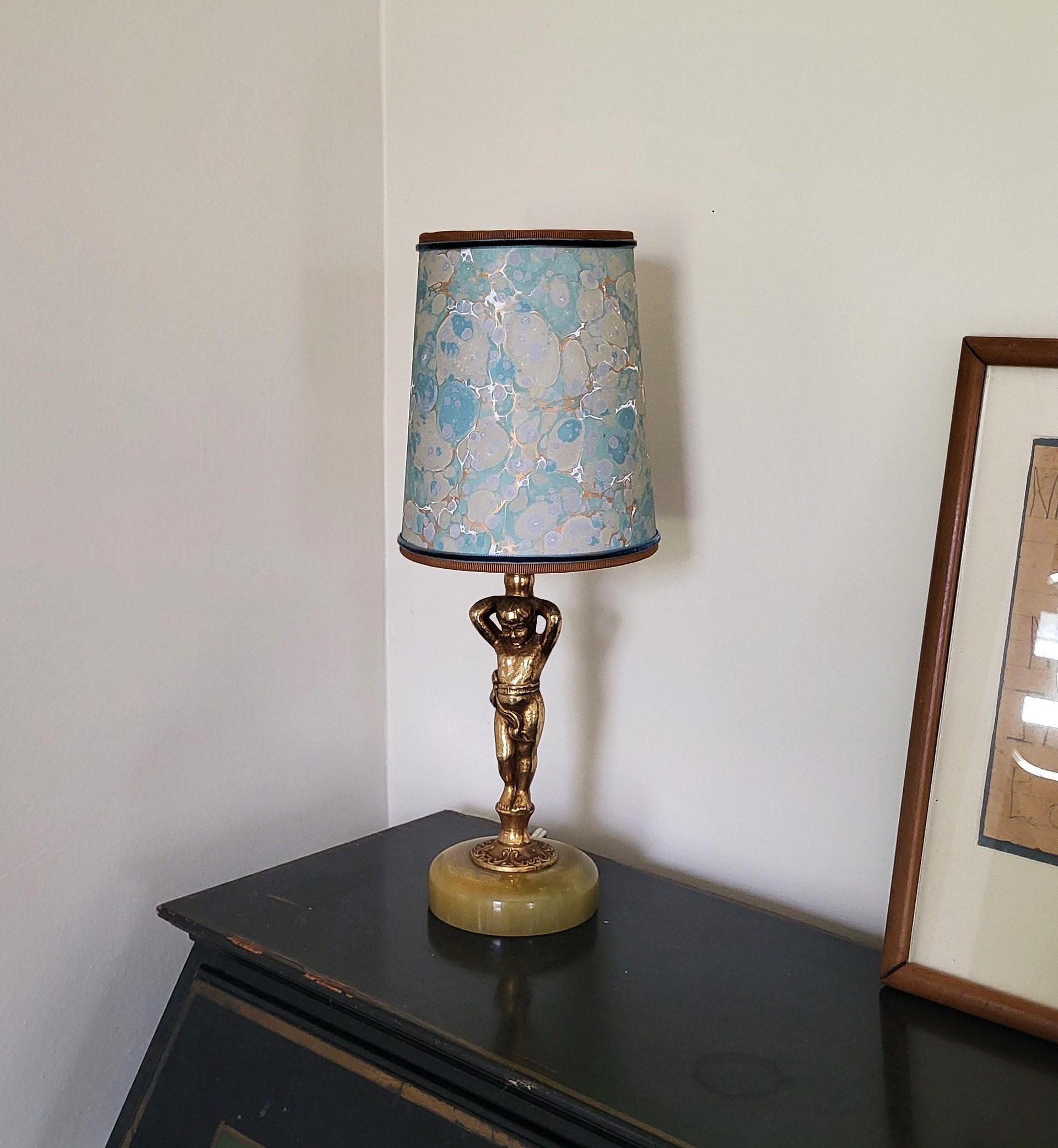 Pair Sea Foam Green Gold Marbled Paper Sconce Lampshades Candle Bulb