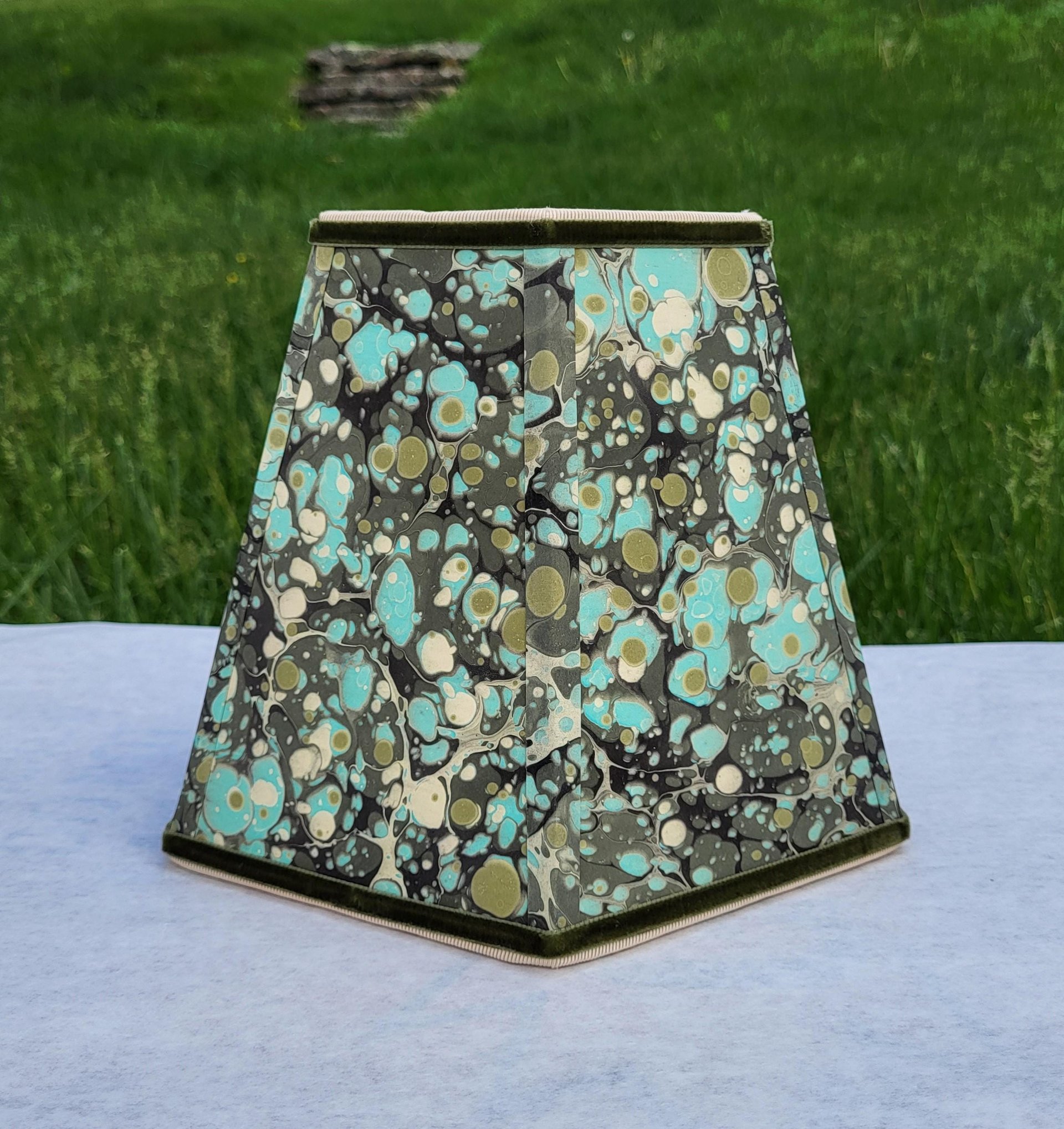 Marbled Paper Lampshade Greens, Aqua, Beige Hexagon