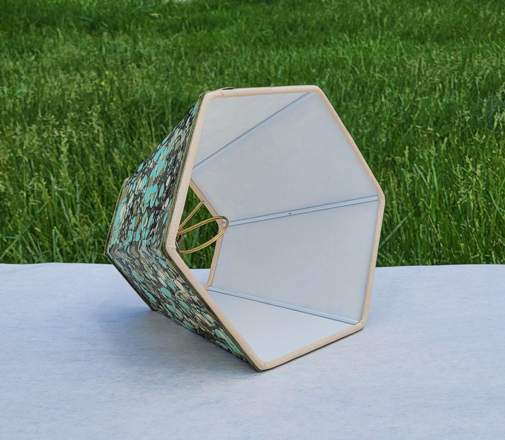 Marbled Paper Lampshade Greens, Aqua, Beige Hexagon