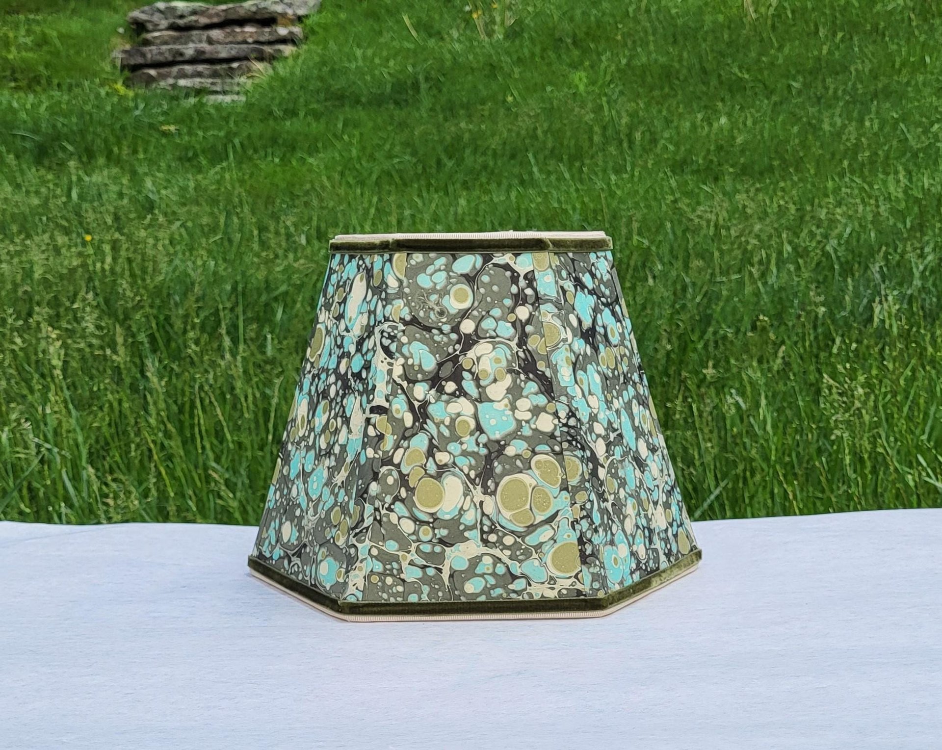 Marbled Paper Lampshade Greens, Aqua, Beige Hexagon