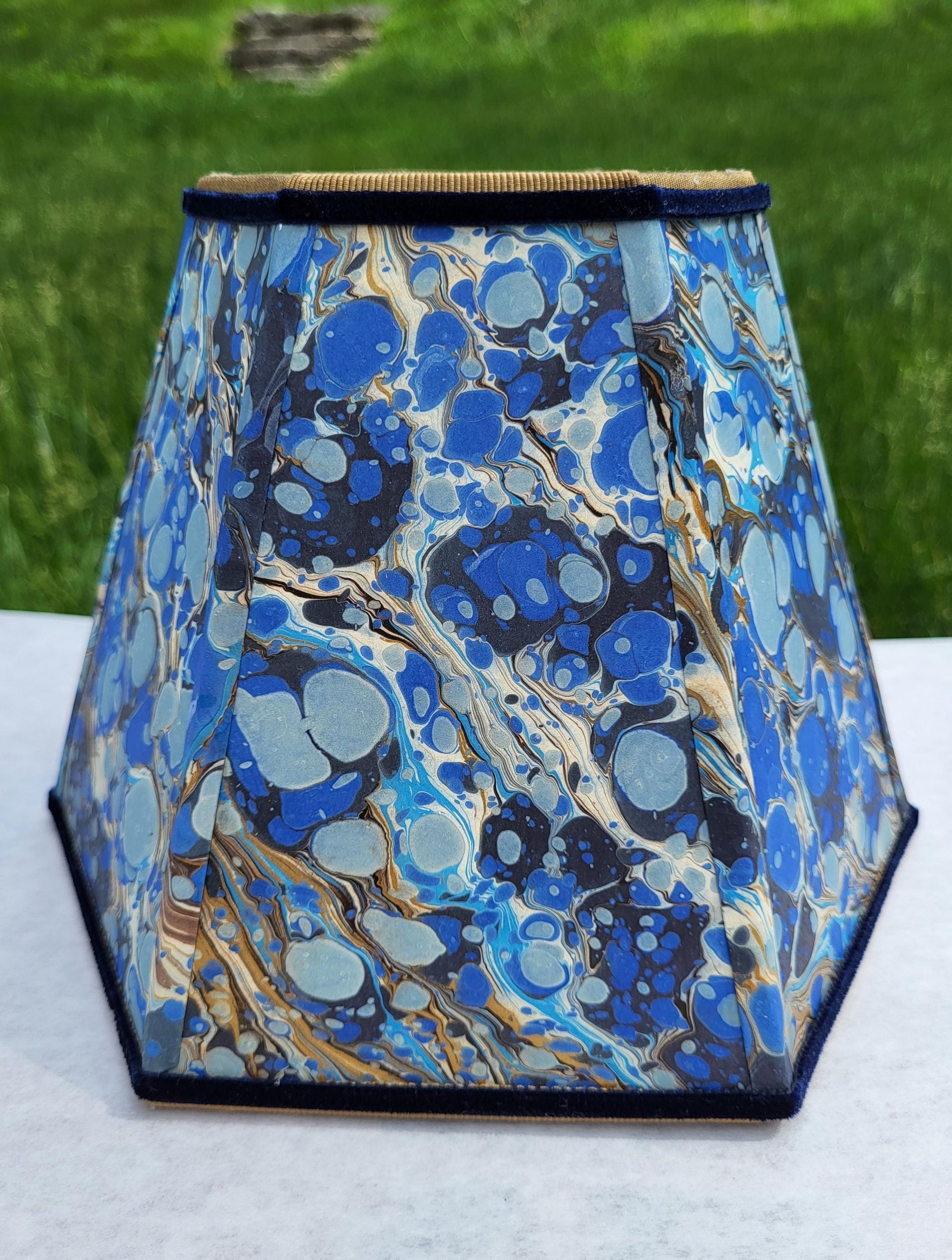 Small Marbled Paper Lampshade Blue Gold Hexagon