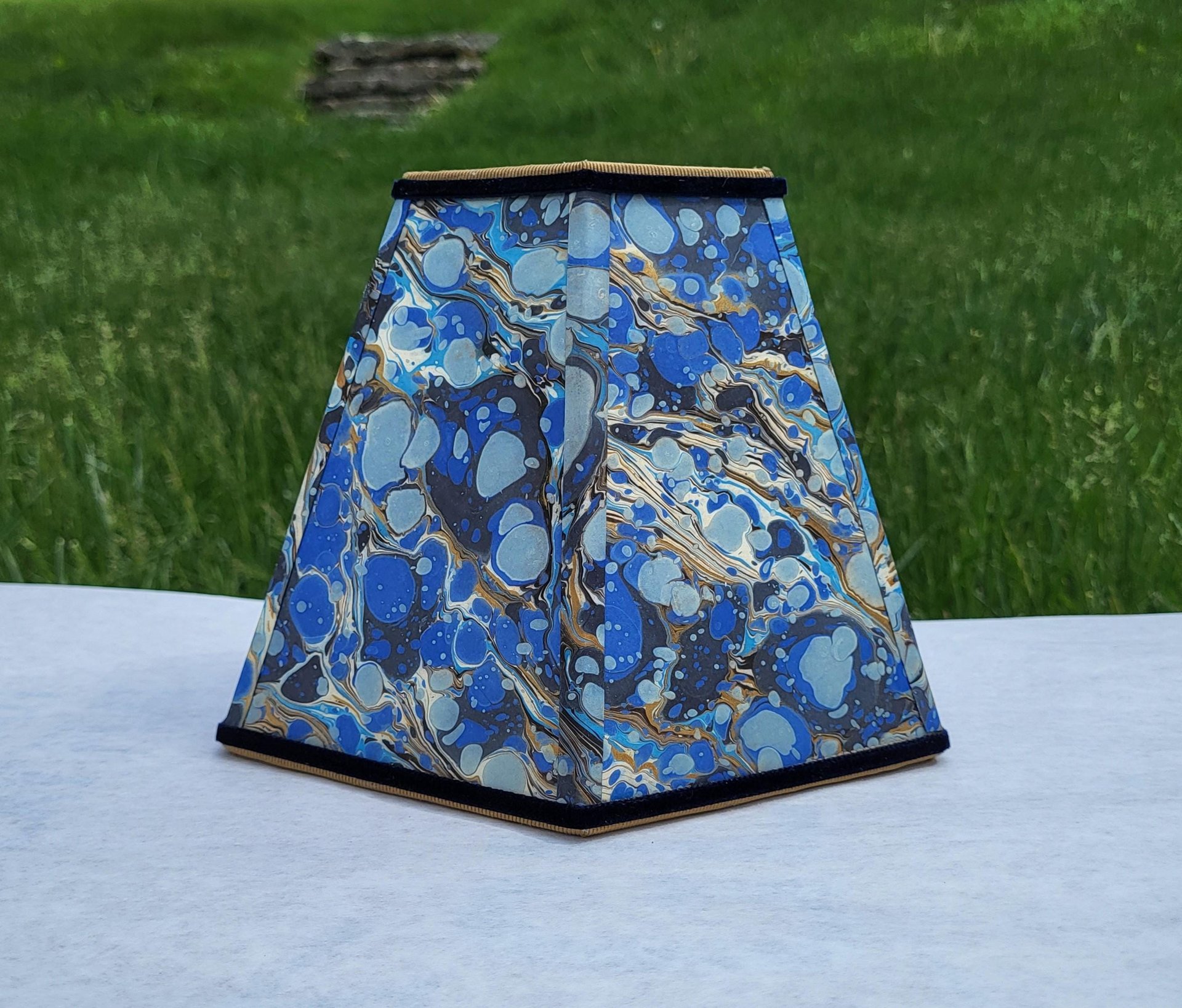 Small Marbled Paper Lampshade Blue Gold Hexagon