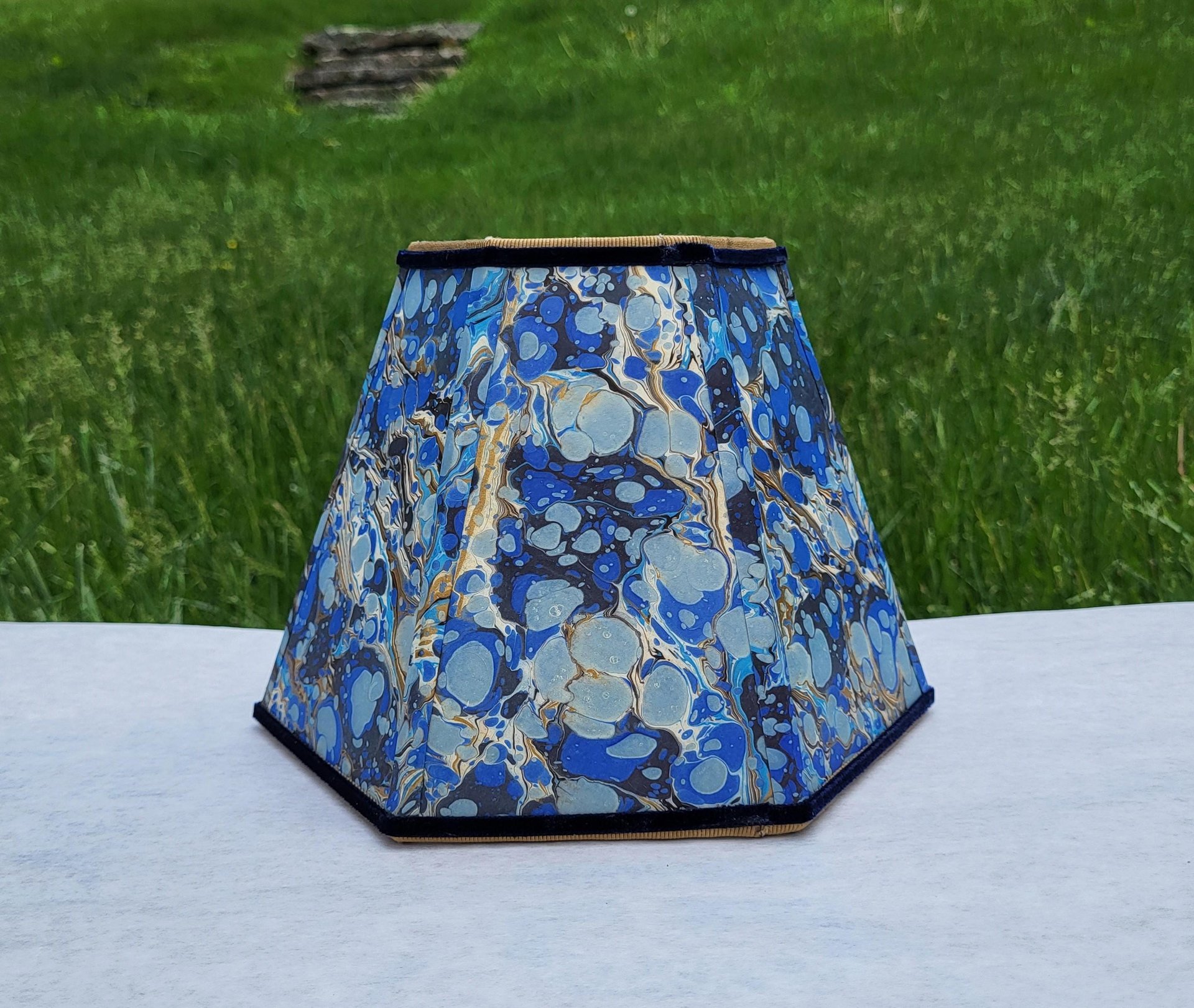 Small Marbled Paper Lampshade Blue Gold Hexagon