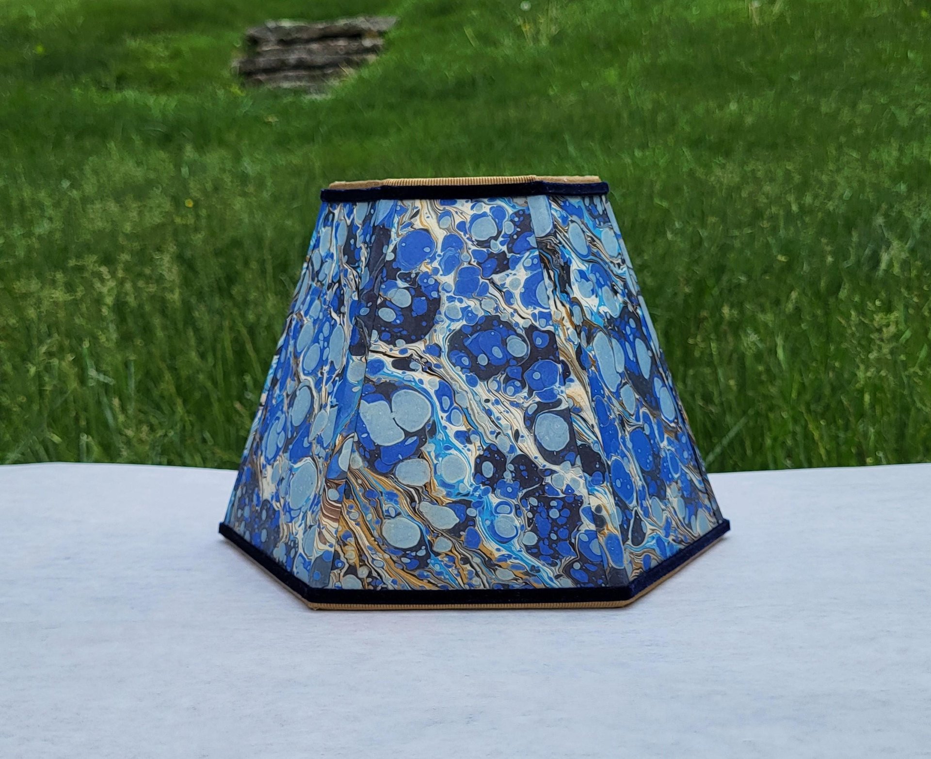 Small Marbled Paper Lampshade Blue Gold Hexagon