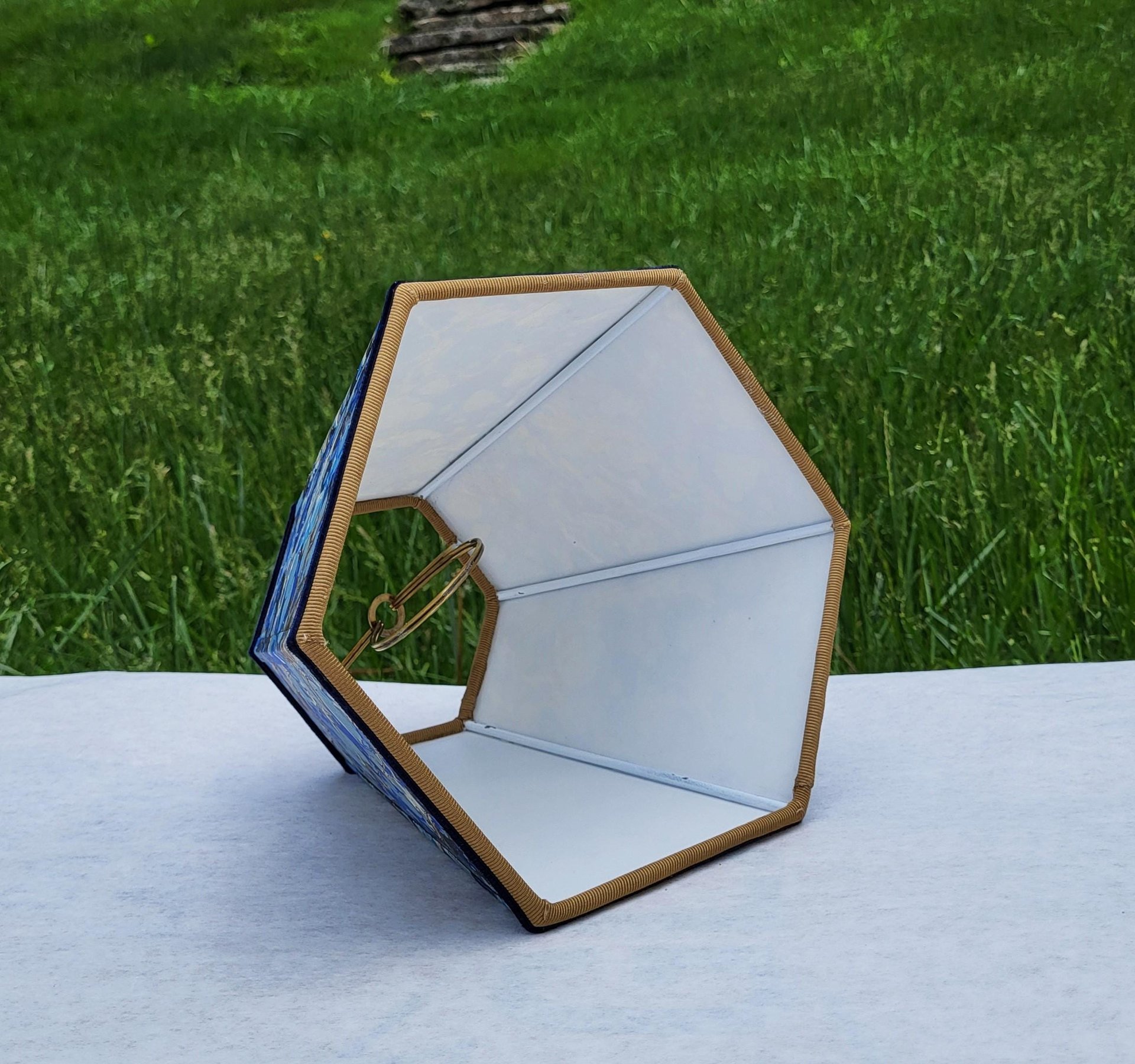 Small Marbled Paper Lampshade Blue Gold Hexagon