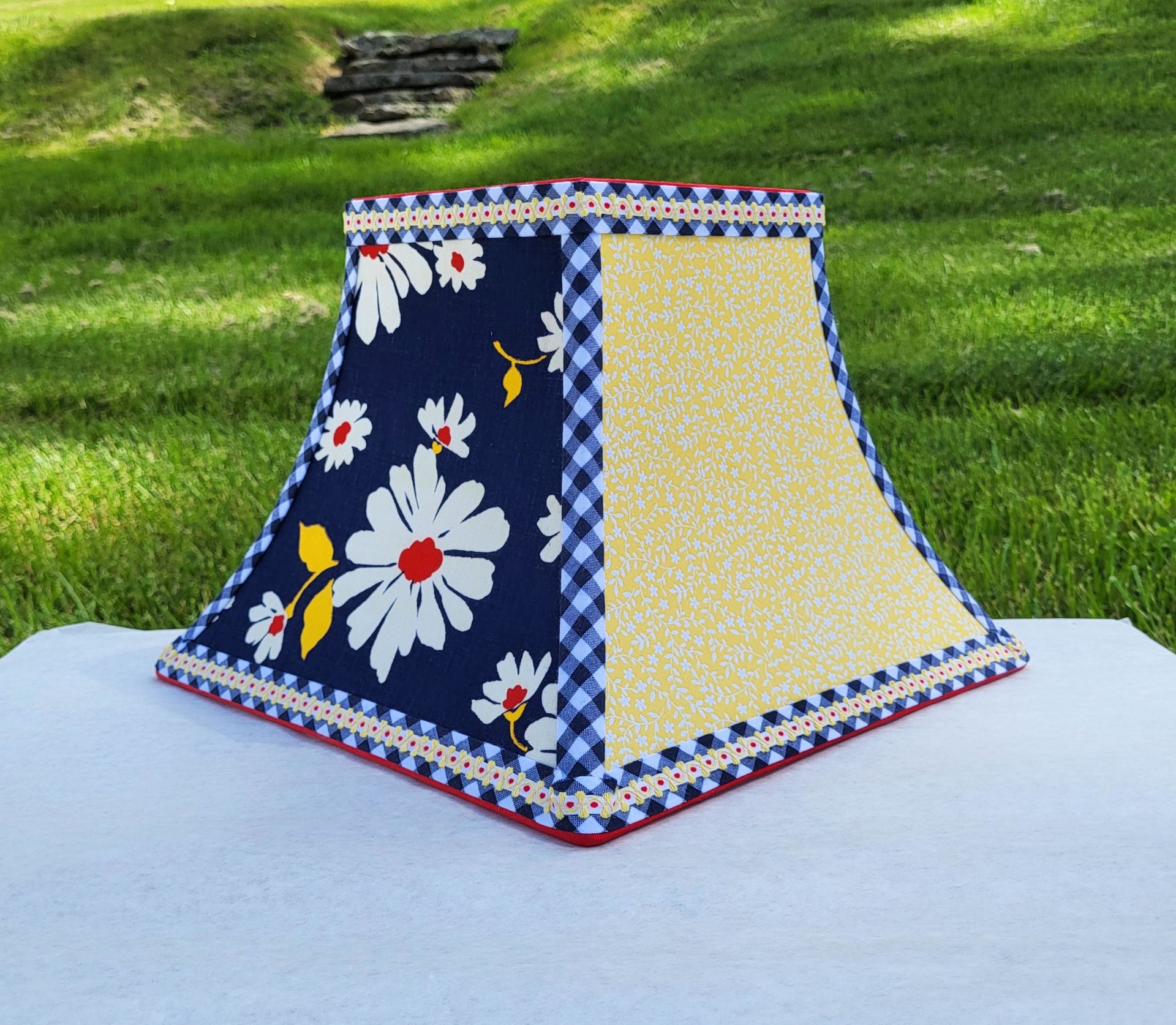 Navy Blue Yellow Red Floral Lamp Shade, Square Bell Lampshade