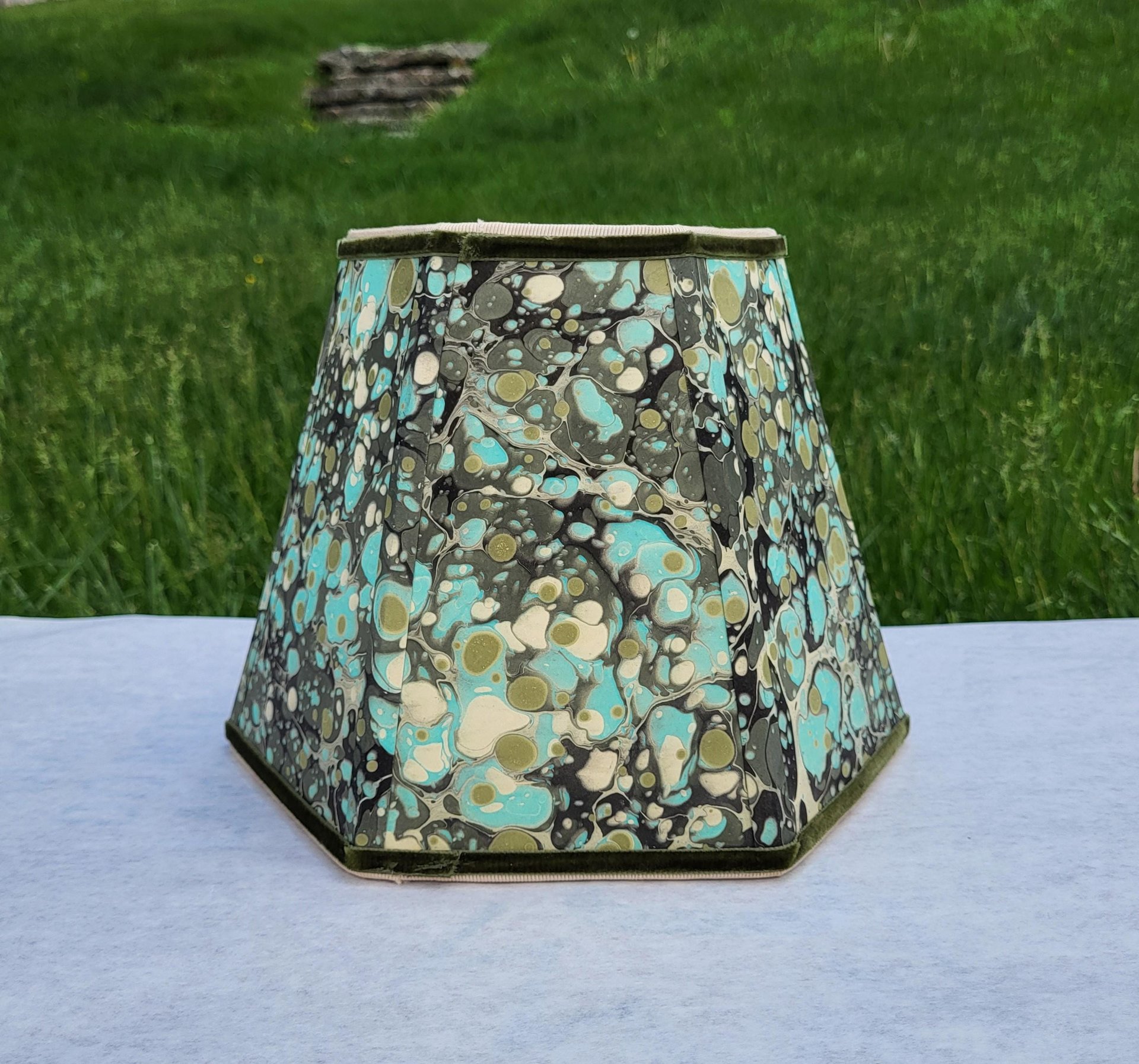 Marbled Paper Lampshade Greens, Aqua, Beige Hexagon