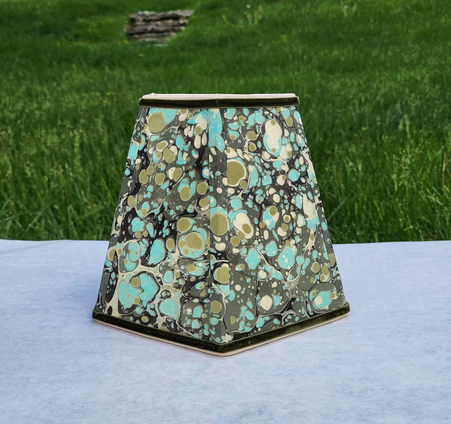 Marbled Paper Lampshade Greens, Aqua, Beige Hexagon