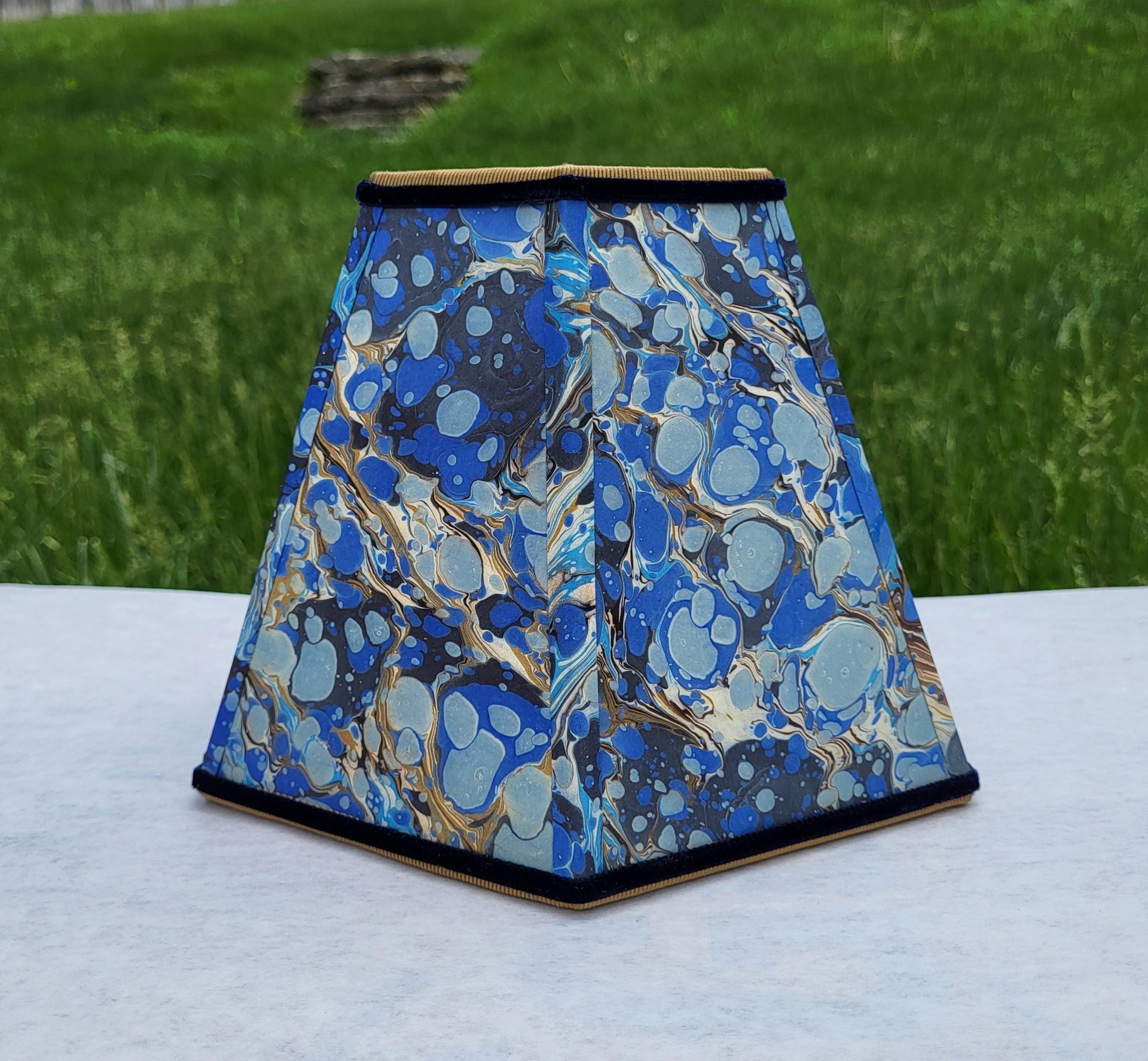 Small Marbled Paper Lampshade Blue Gold Hexagon
