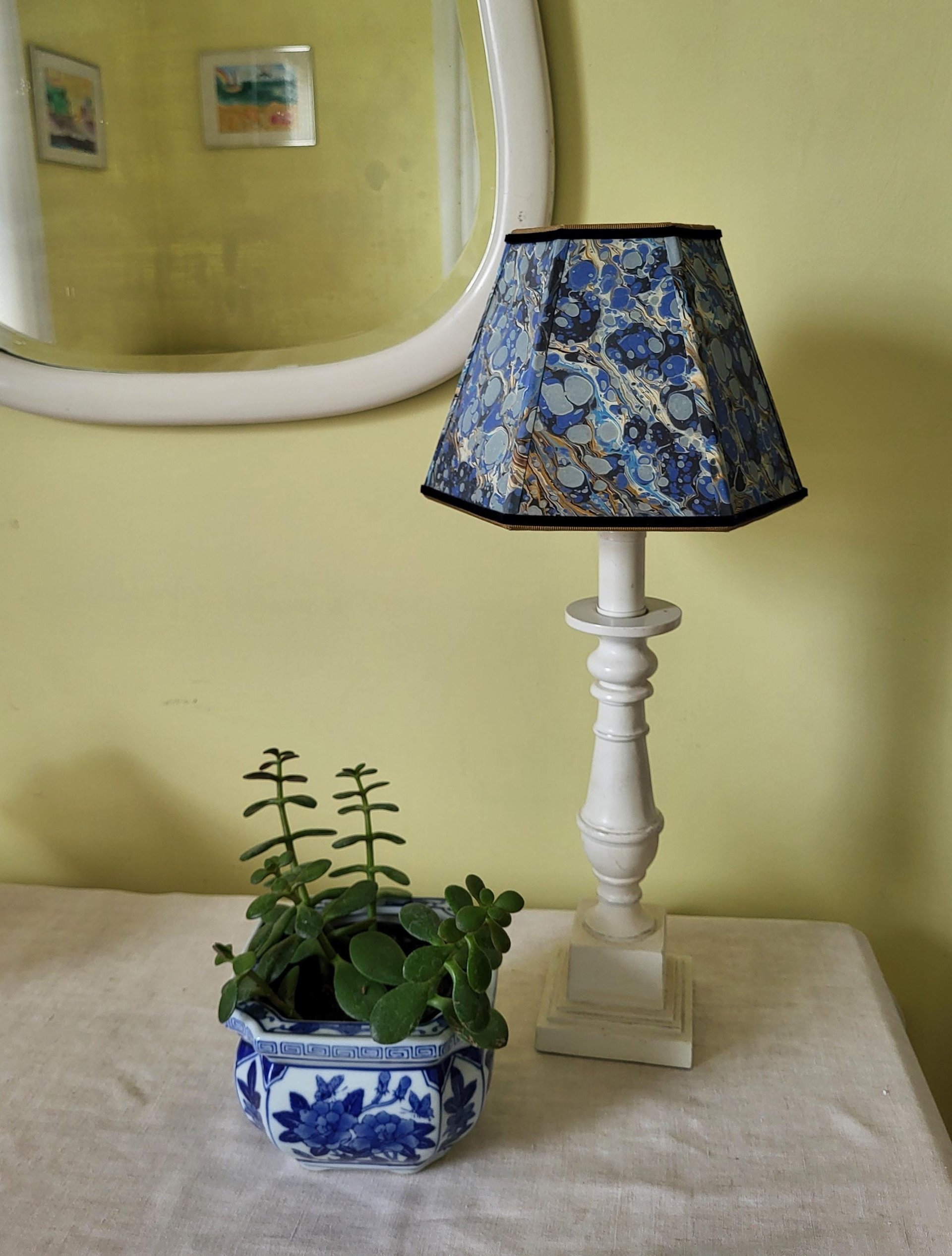 Small Marbled Paper Lampshade Blue Gold Hexagon