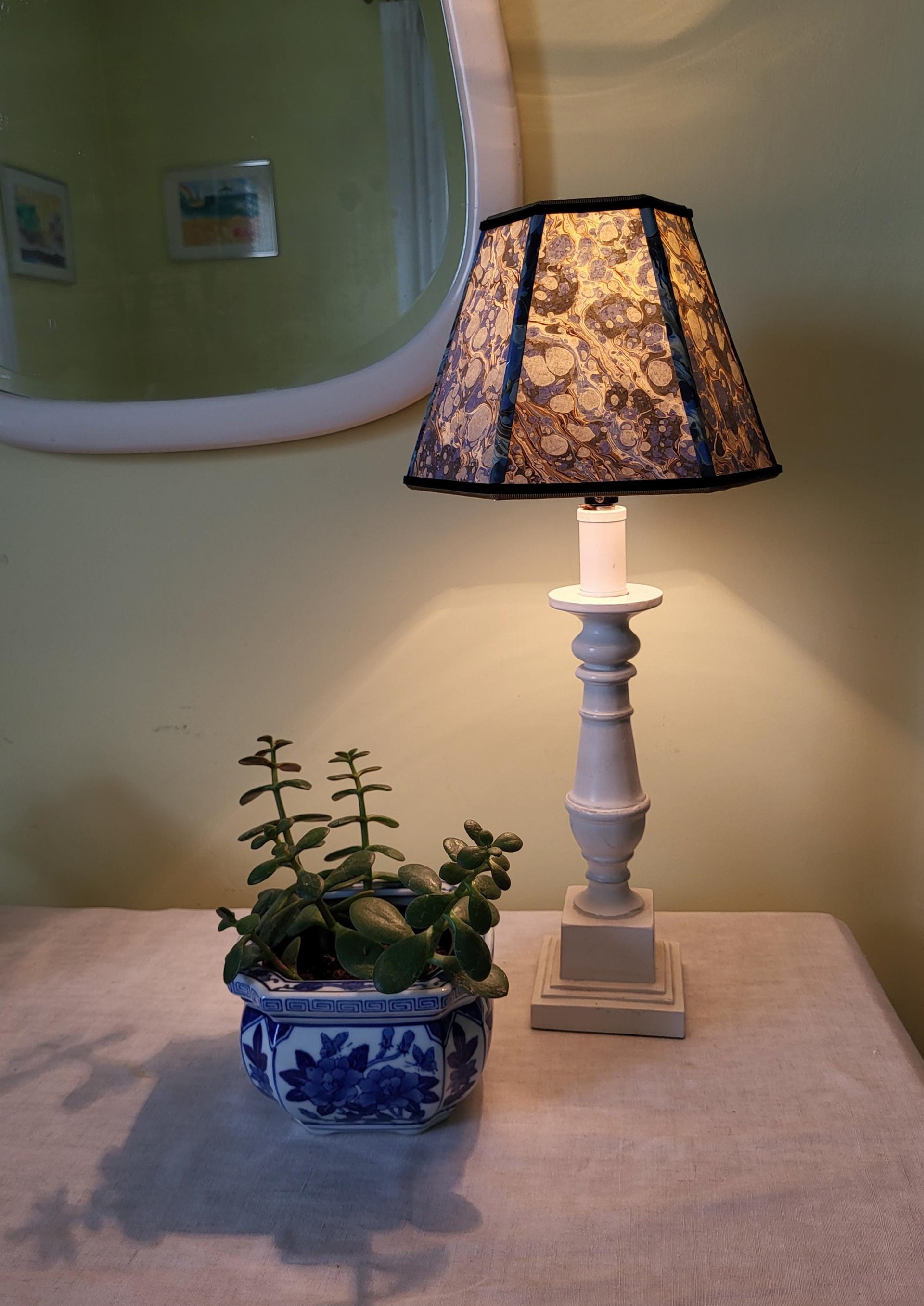Small Marbled Paper Lampshade Blue Gold Hexagon