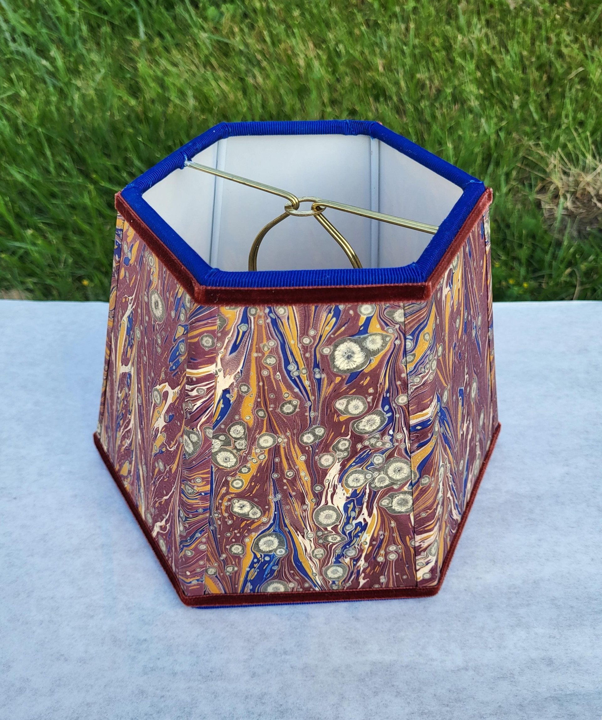 Small Marbled Paper Lampshade, Clip On, Hexagon, Velvet Trim