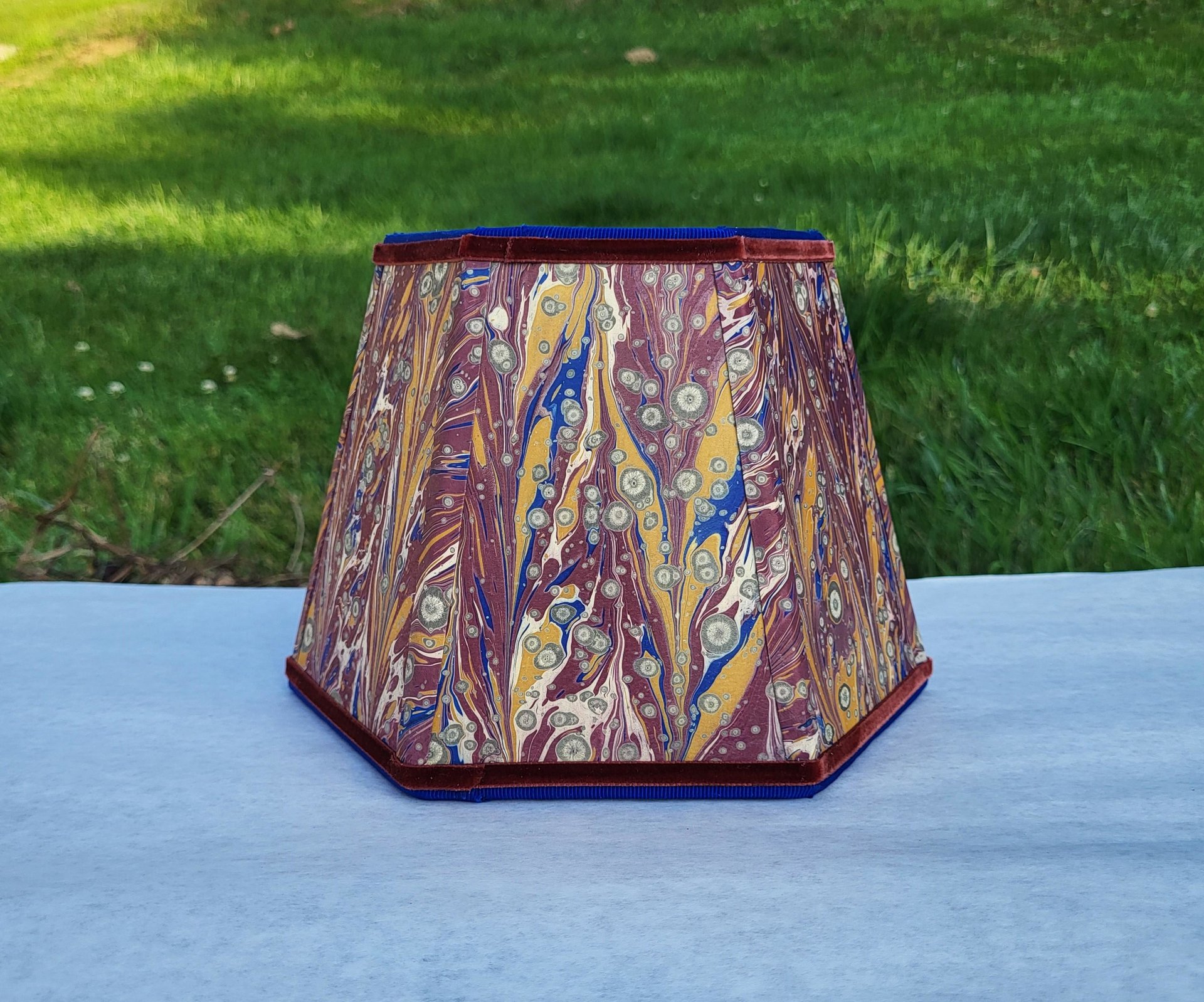 Small Marbled Paper Lampshade, Clip On, Hexagon, Velvet Trim