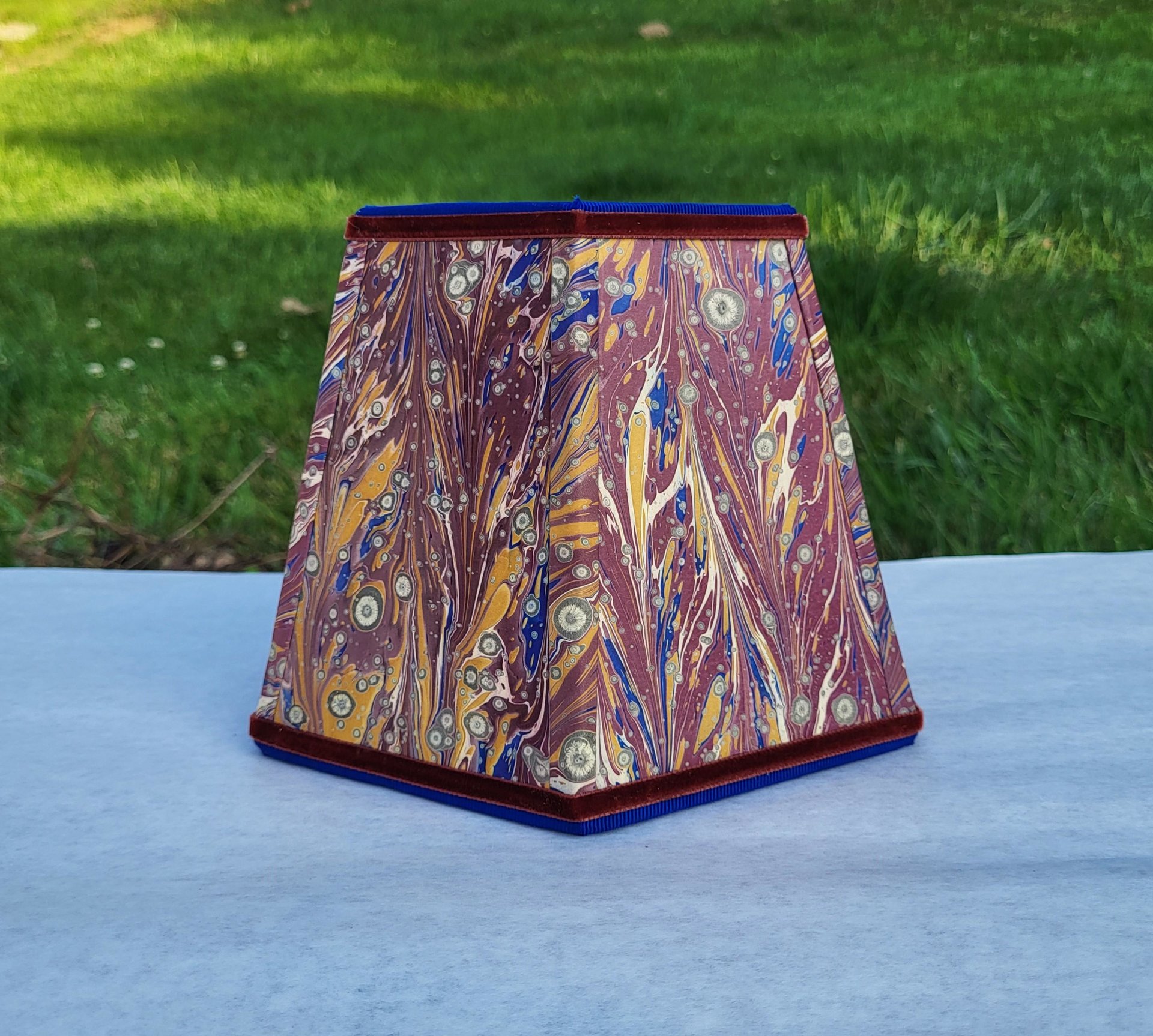 Small Marbled Paper Lampshade, Clip On, Hexagon, Velvet Trim