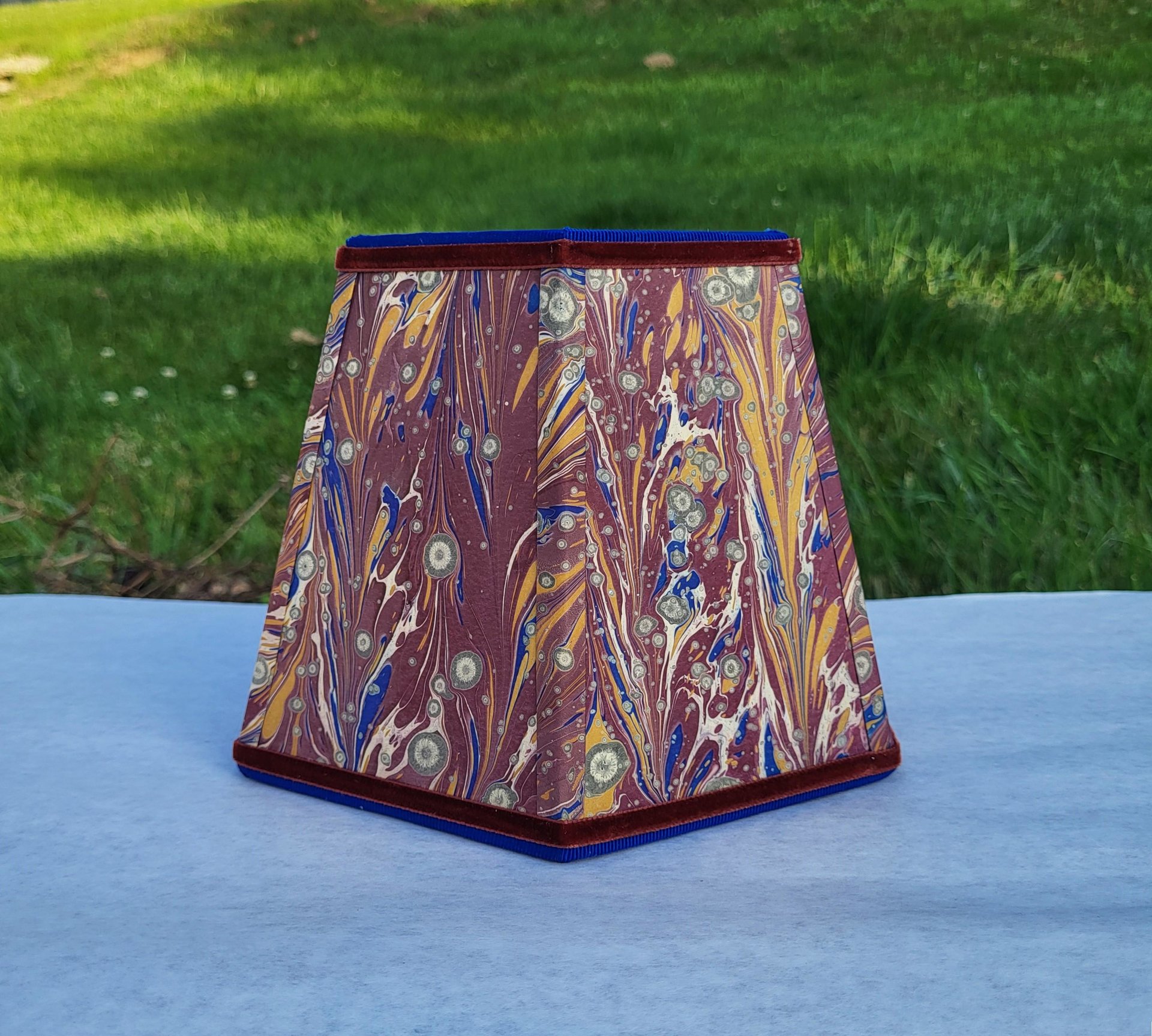 Small Marbled Paper Lampshade, Clip On, Hexagon, Velvet Trim