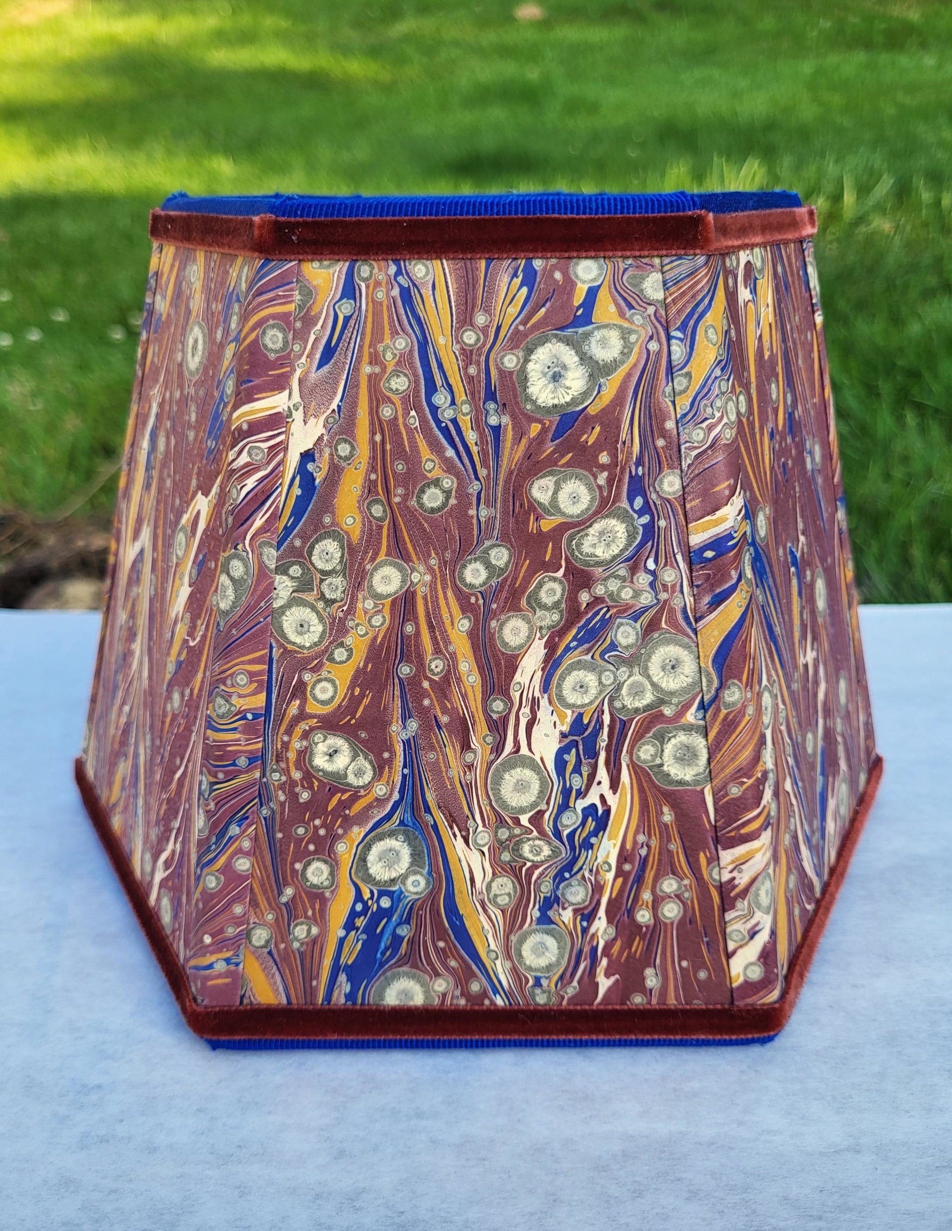 Small Marbled Paper Lampshade, Clip On, Hexagon, Velvet Trim