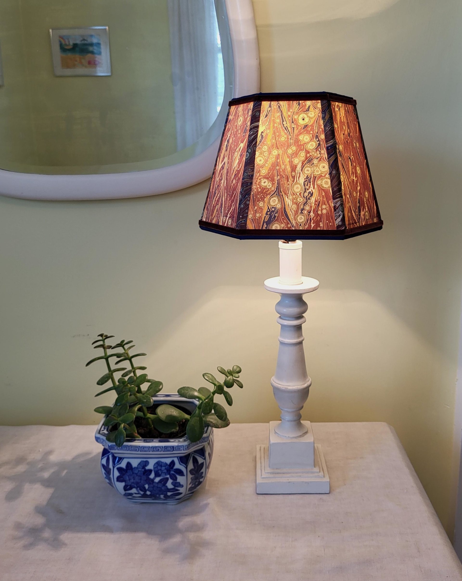 Small Marbled Paper Lampshade, Clip On, Hexagon, Velvet Trim