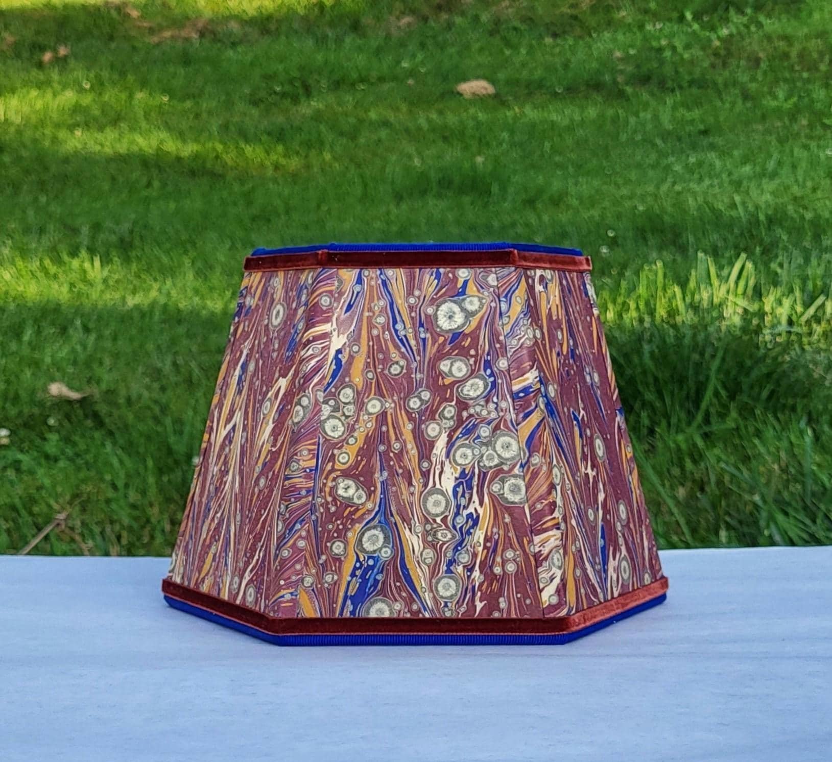 Small Marbled Paper Lampshade, Clip On, Hexagon, Velvet Trim