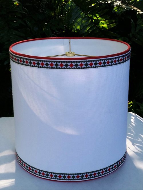 White Linen Drum Lampshade, Vintage Red Olive Trim Lamp Shade