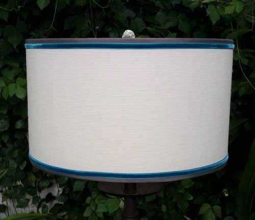 Linen Drum Lampshade, Turquoise and Gray Trim Lamp Shade