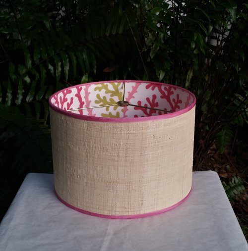 Raffia Cloth Lampshade, Pink Coral Fabric Lined