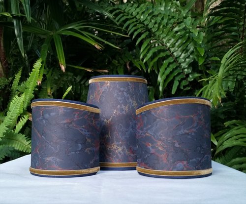 Set of Three Marbleized Paper Lampshades Navy Gold