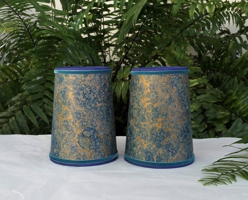 Pair Teal Blue Gold Marbled Paper Lampshades Candle Bulb