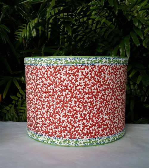 Coral Red Lampshade Drum Blue and Green Trim