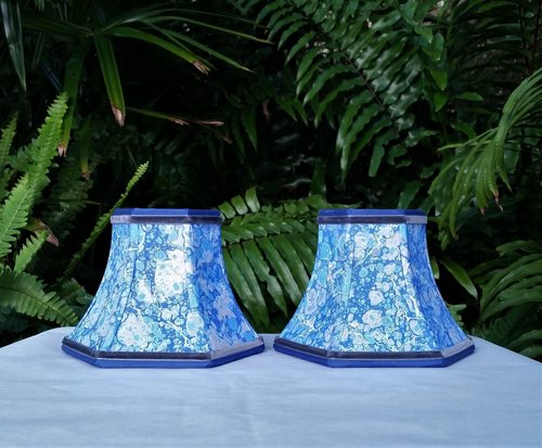 Pair Small Marbled Paper Sconce Lampshades Blue