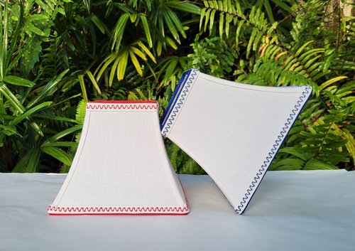Small White Linen Lamp Shade Blue or Red Trim Clip On Lampshade